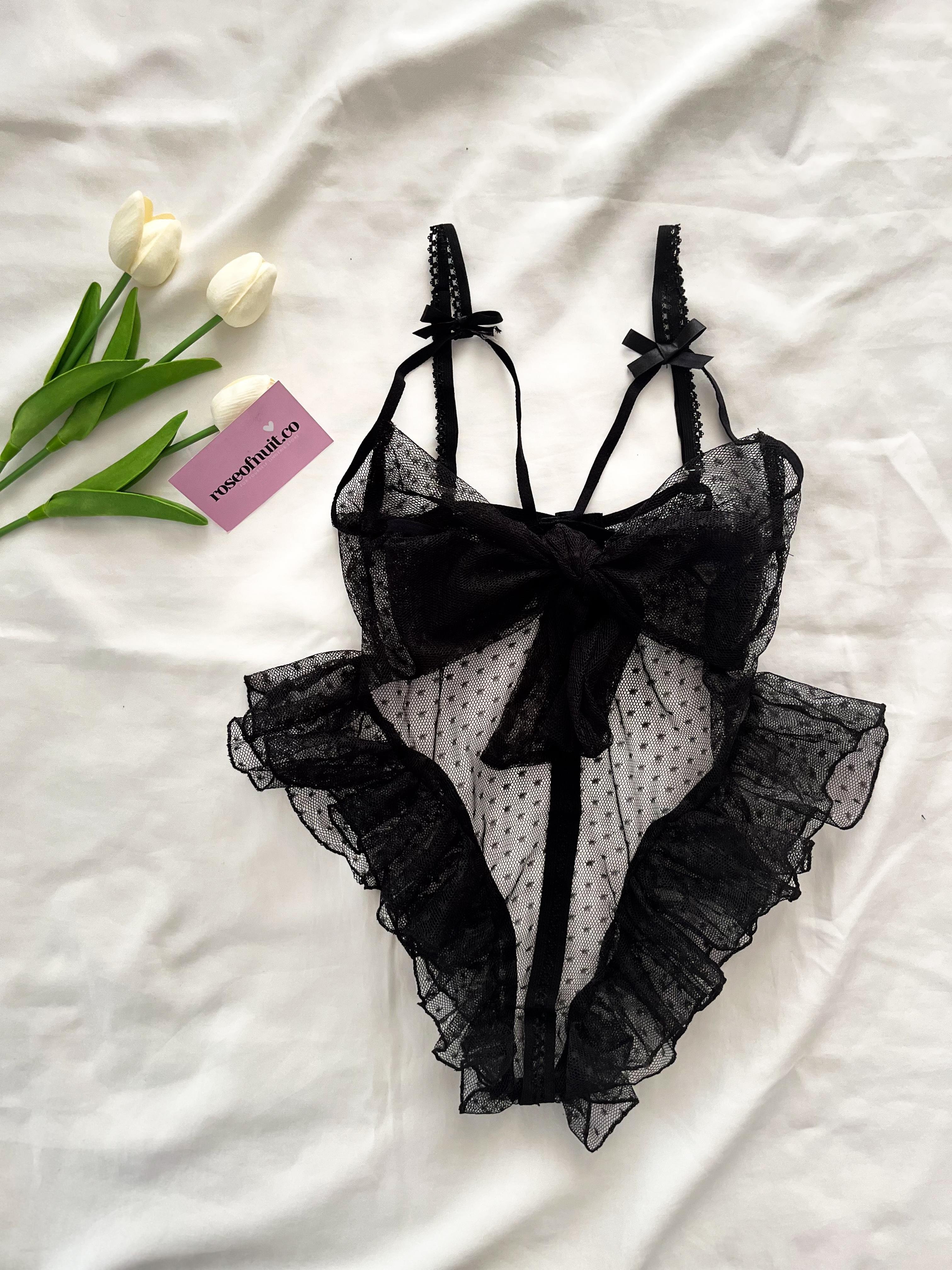 Tül Puantiye Desenli Ağı Açık Sırt Dekolteli Bodysuit