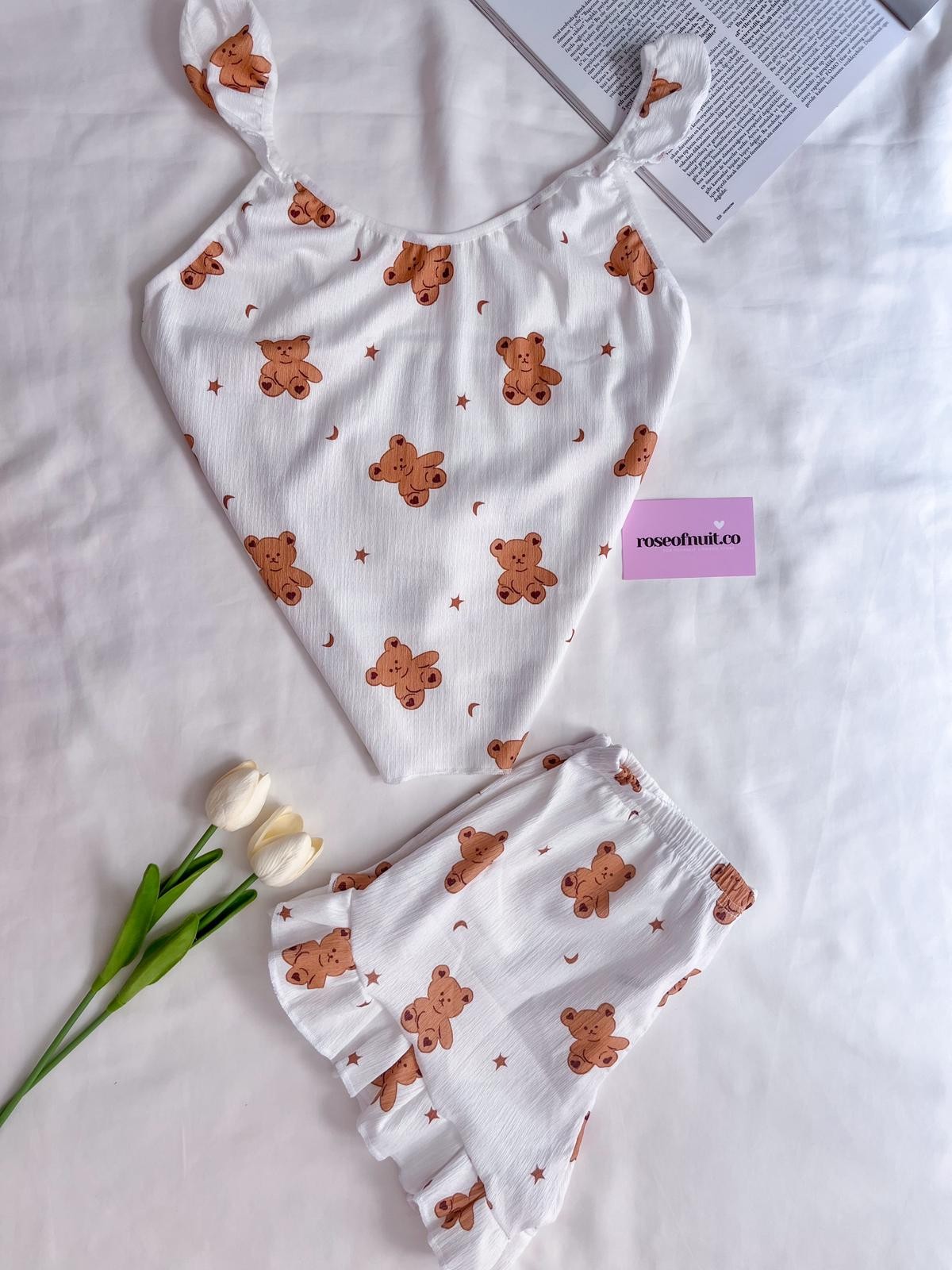 Penye & Esnek Croplu Şortlu Gecelik Takım - Beyaz Teddy