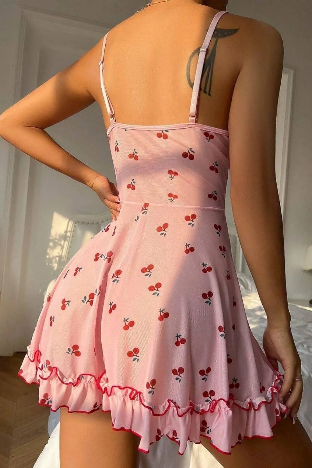 Kiraz Desenli Fırfırlı Romantik Babydoll Gecelik