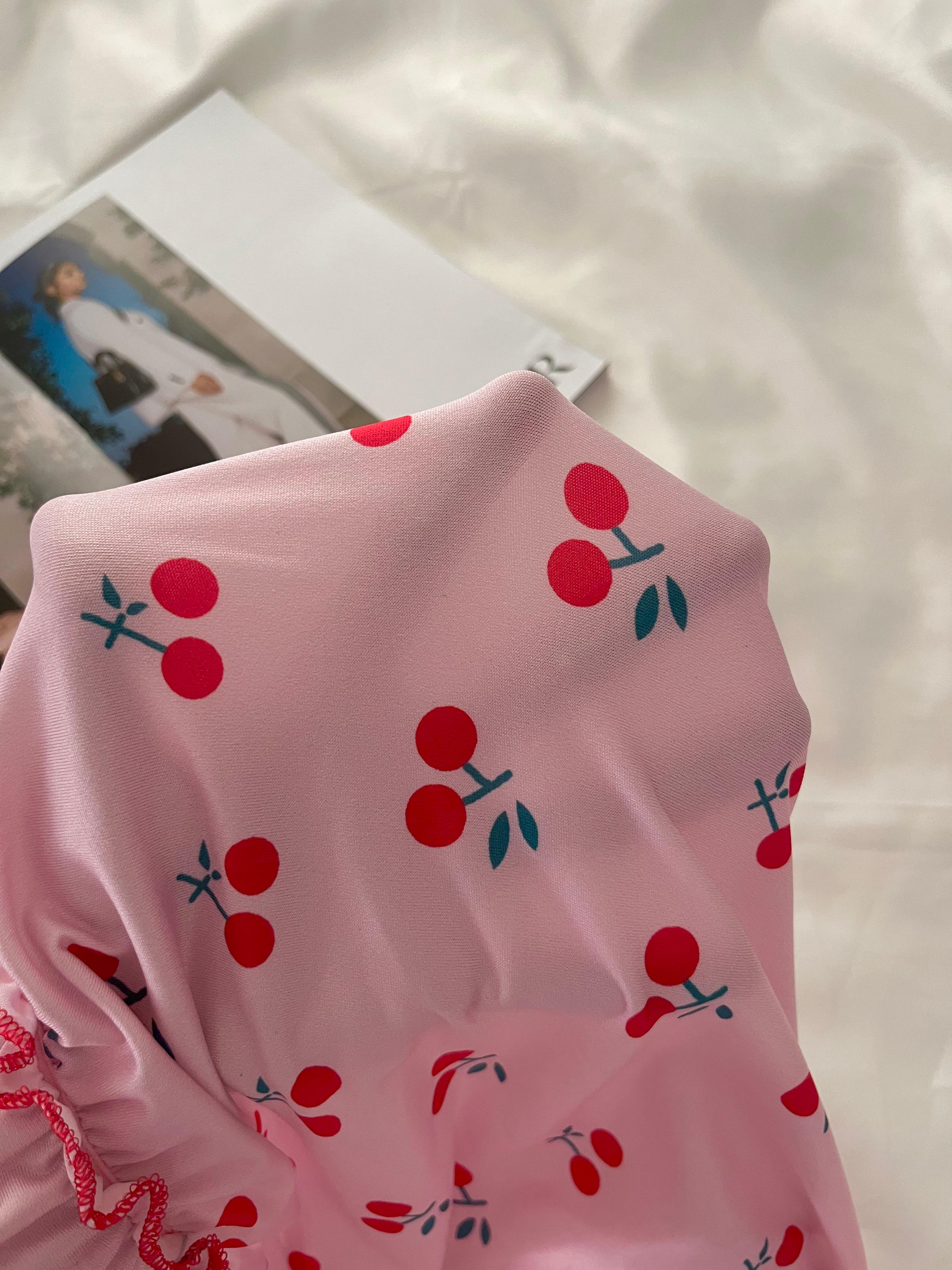 Kiraz Desenli Fırfırlı Romantik Babydoll Gecelik