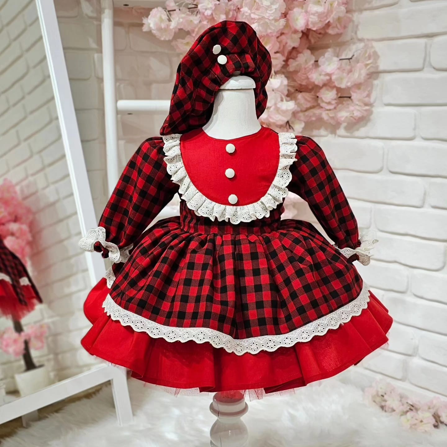 Kırmızı Kareli Ekose Kız Bebek Elbisesi,Doğum günü elbise,fotoğraf çekim elbise,0-10 Yaş Uygun