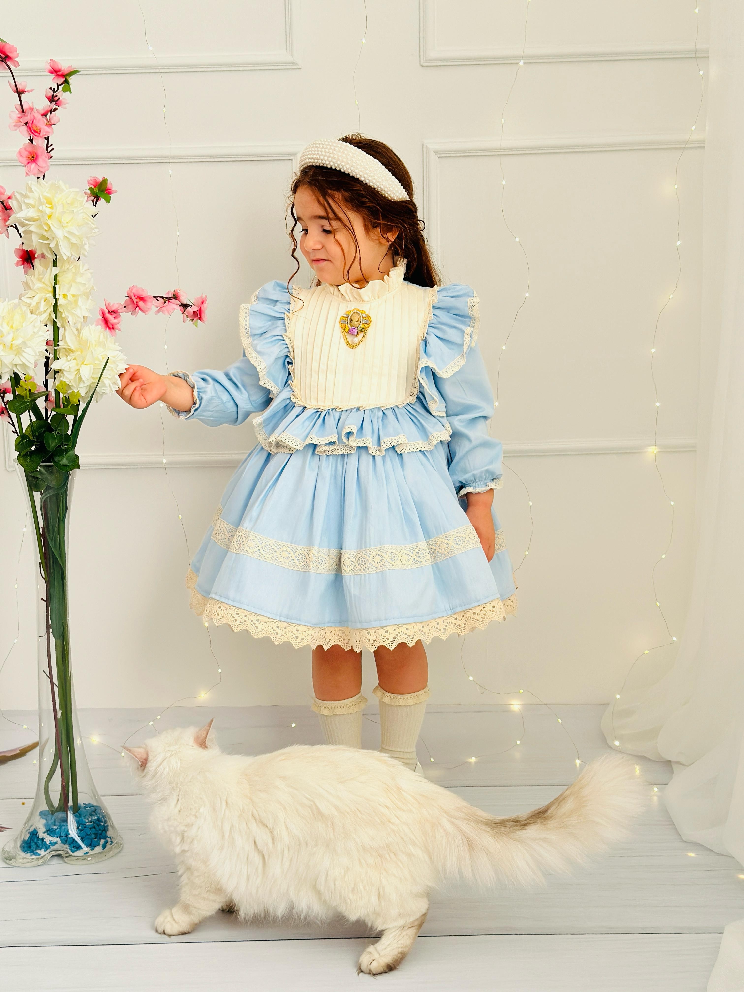 Mavi Okyanus Vintage Kız Bebek Elbise,Doğum günü elbise,fotoğraf çekim elbise,0-10 Yaş Uygun
