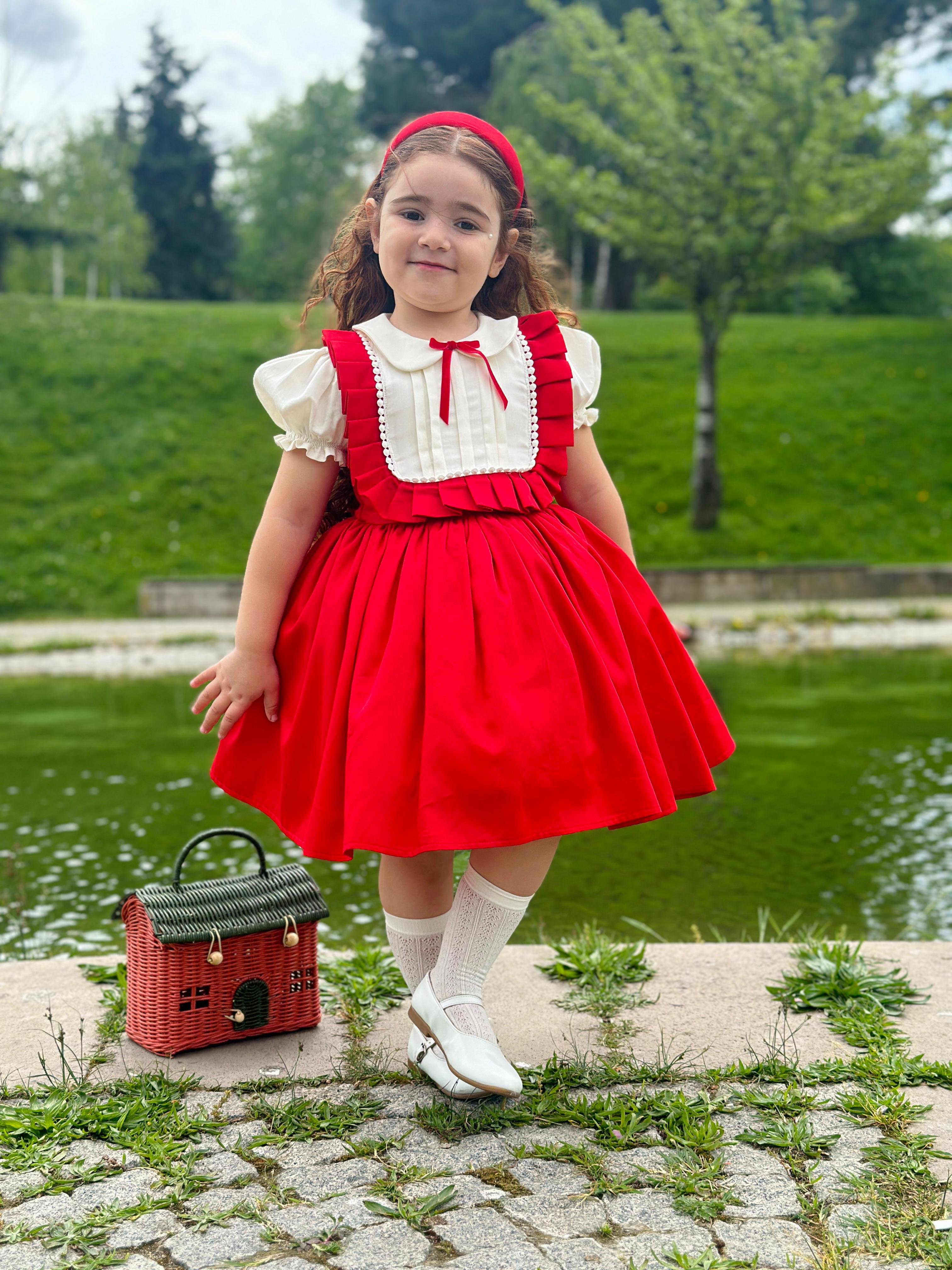 Kırmızılım Vintage Kız Bebek Elbisesi,Doğum günü,fotoğraf çekim elbise,0-12 Yaş Uygun - Kırmızı