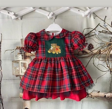Ekose Ayıcıklı Kız Bebek Elbisesi, Özel Dikim Kız Çocuk Elbisesi, Doğum günü elbisesi, fotoğraf çekim elbisesi, Kız Bebek Hediyesi, 0-7 Yaşa Uygun
