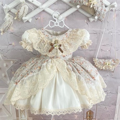 Krem Çiçekli Takım Vintage Kız Bebek Elbise,Doğum günü elbiseSİ
