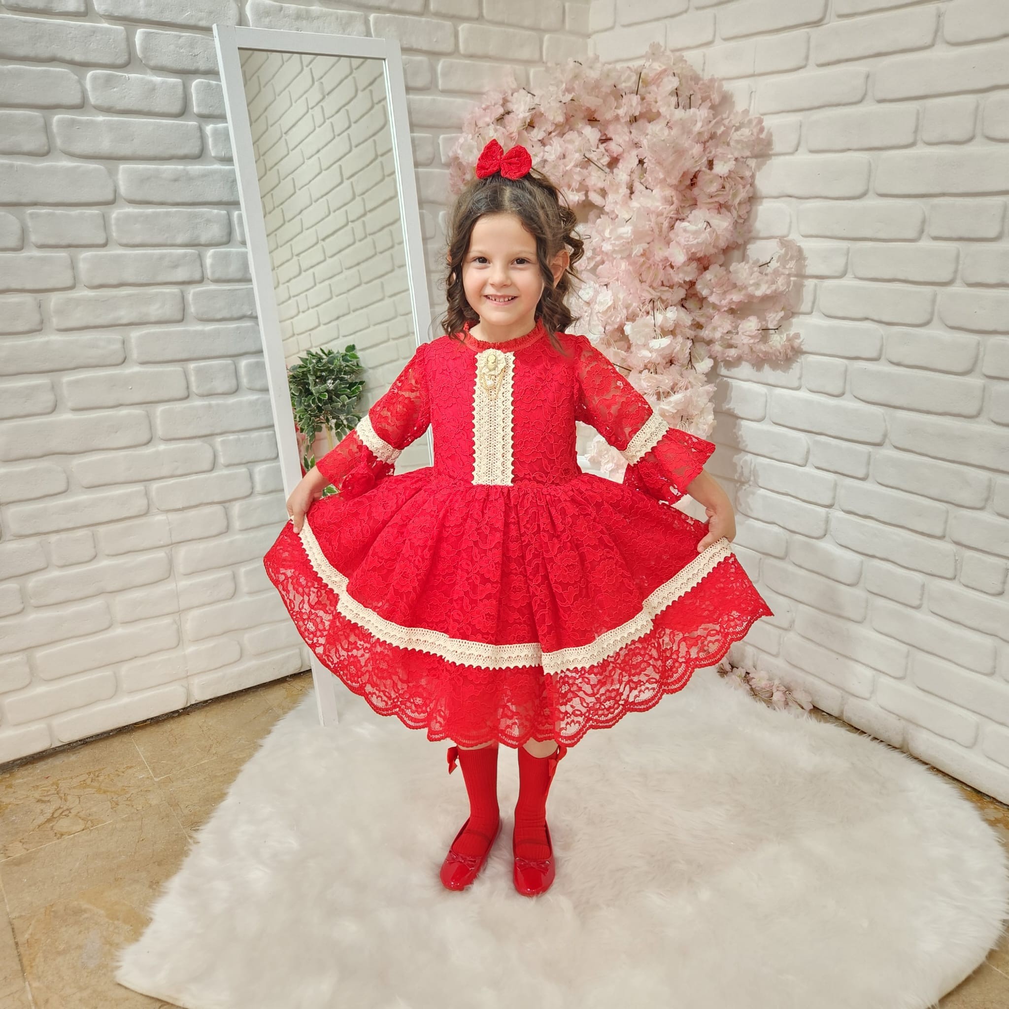 Kırmızı Dantelli Prenses Kız Bebek Elbisesi,Doğum günü elbisesi, fotoğraf çekim,0-10 Yaşa Uygun