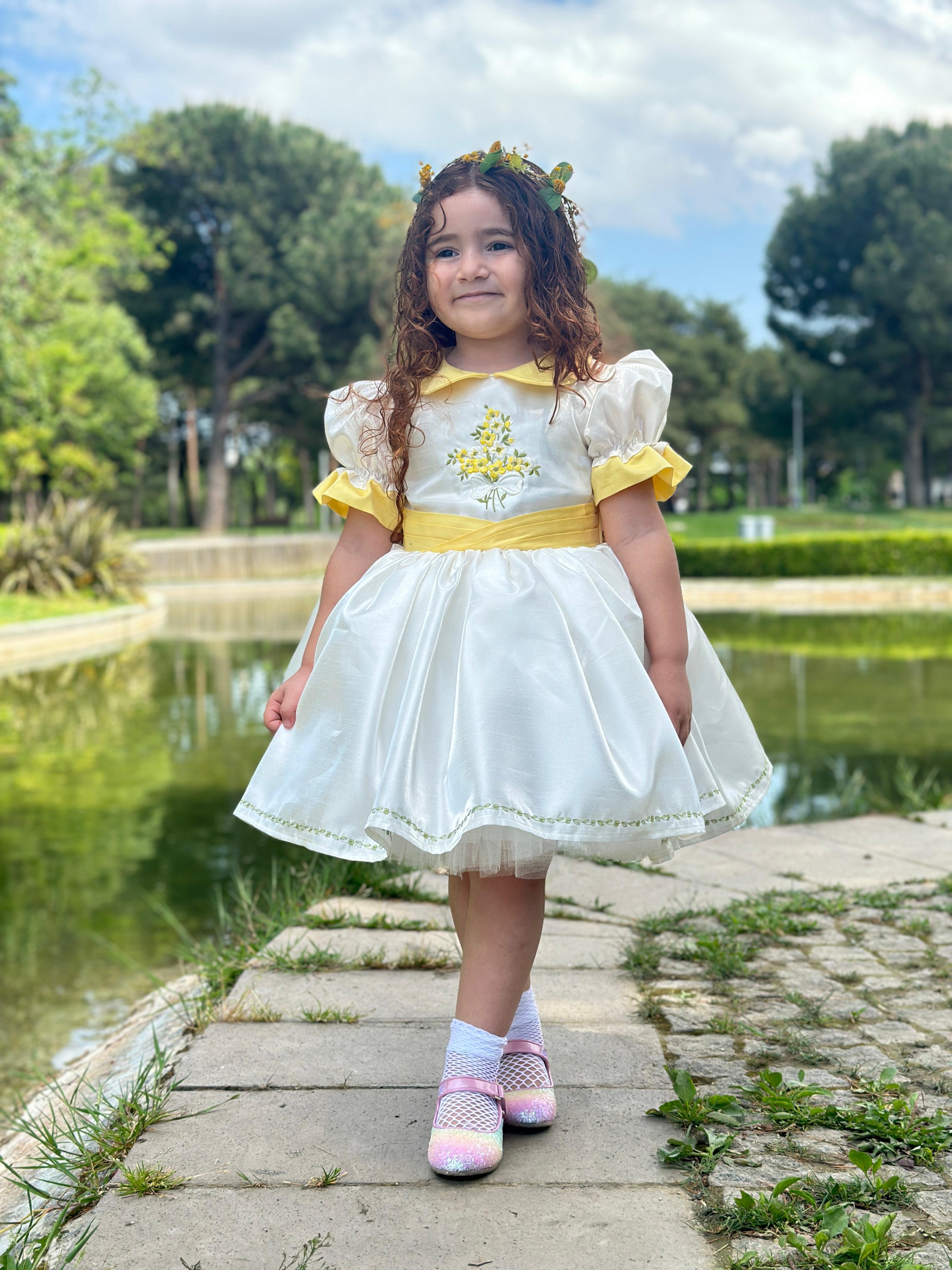 Sarı Papatya Vintage Kız Bebek Elbise,Doğum günü elbise,fotoğraf çekim elbise,0-12 Yaş Uygun