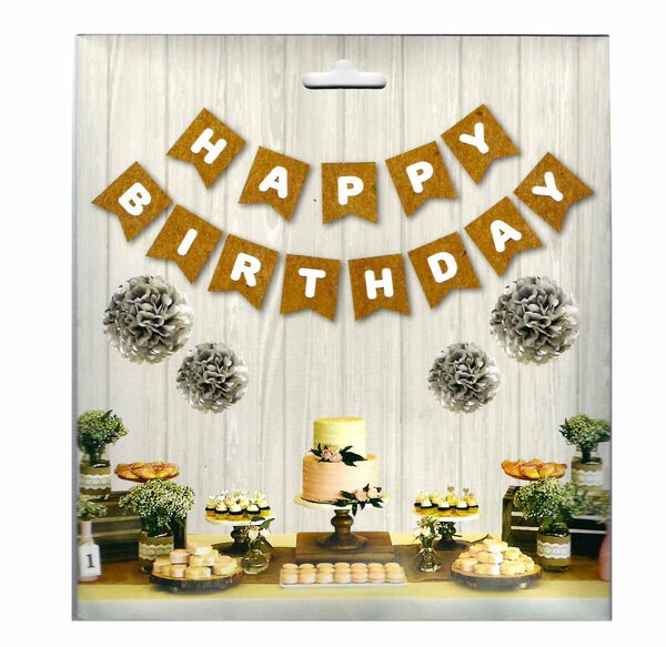 Banner - Happy Birthday Kraft Yaldızlı Beyaz