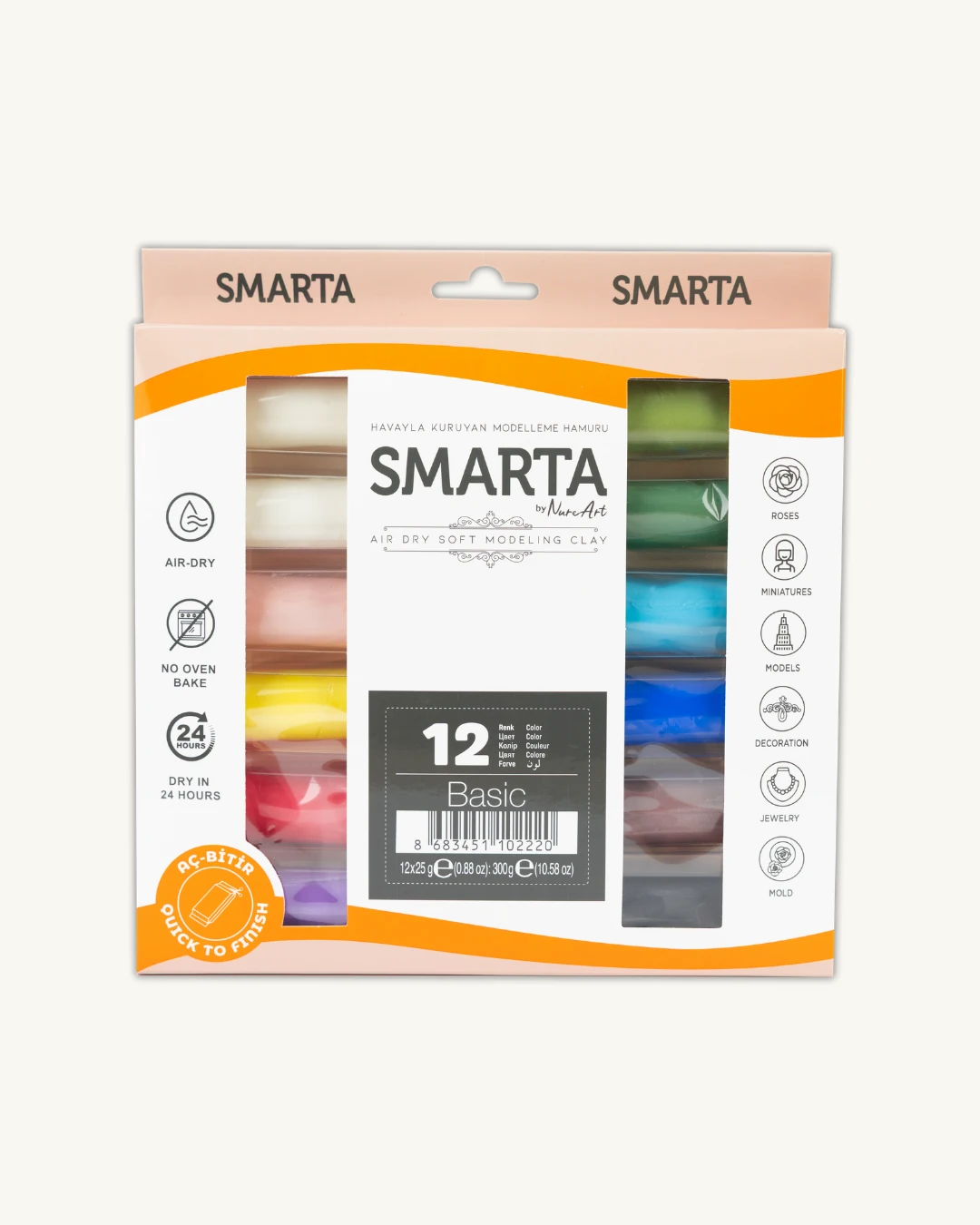 Smarta 12'li Hava ile Kuruyan Modelleme Hamuru Seti (25g x 12 adet)