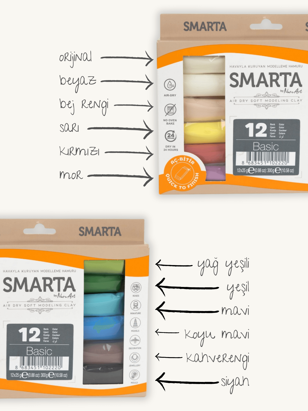 Smarta 12'li Hava ile Kuruyan Modelleme Hamuru Seti (25g x 12 adet)