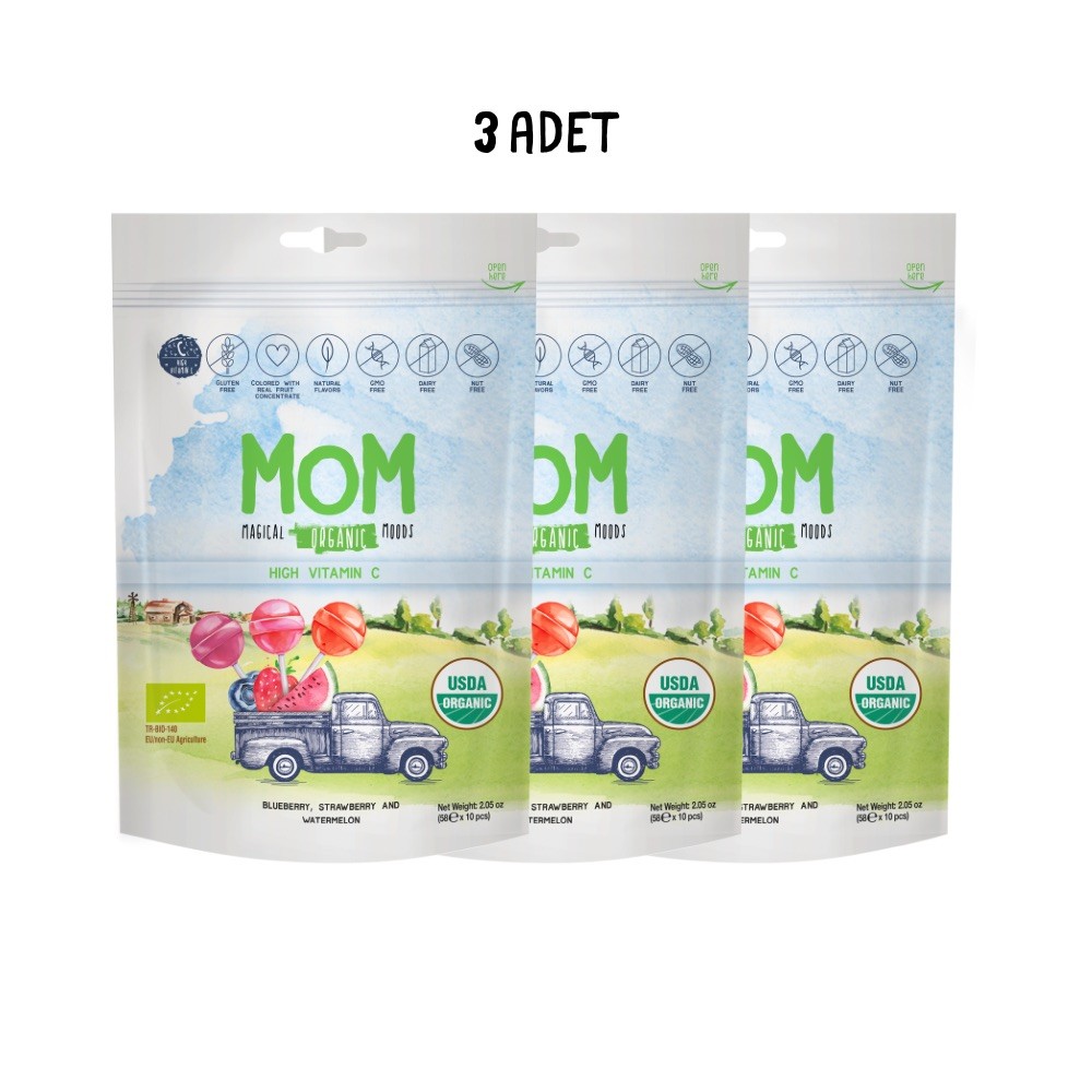 MOM Magical Organik Moods | Organik Lolipop (Çilek, karpuz, yaban mersini aromaları ve C vitamini) *3'lü