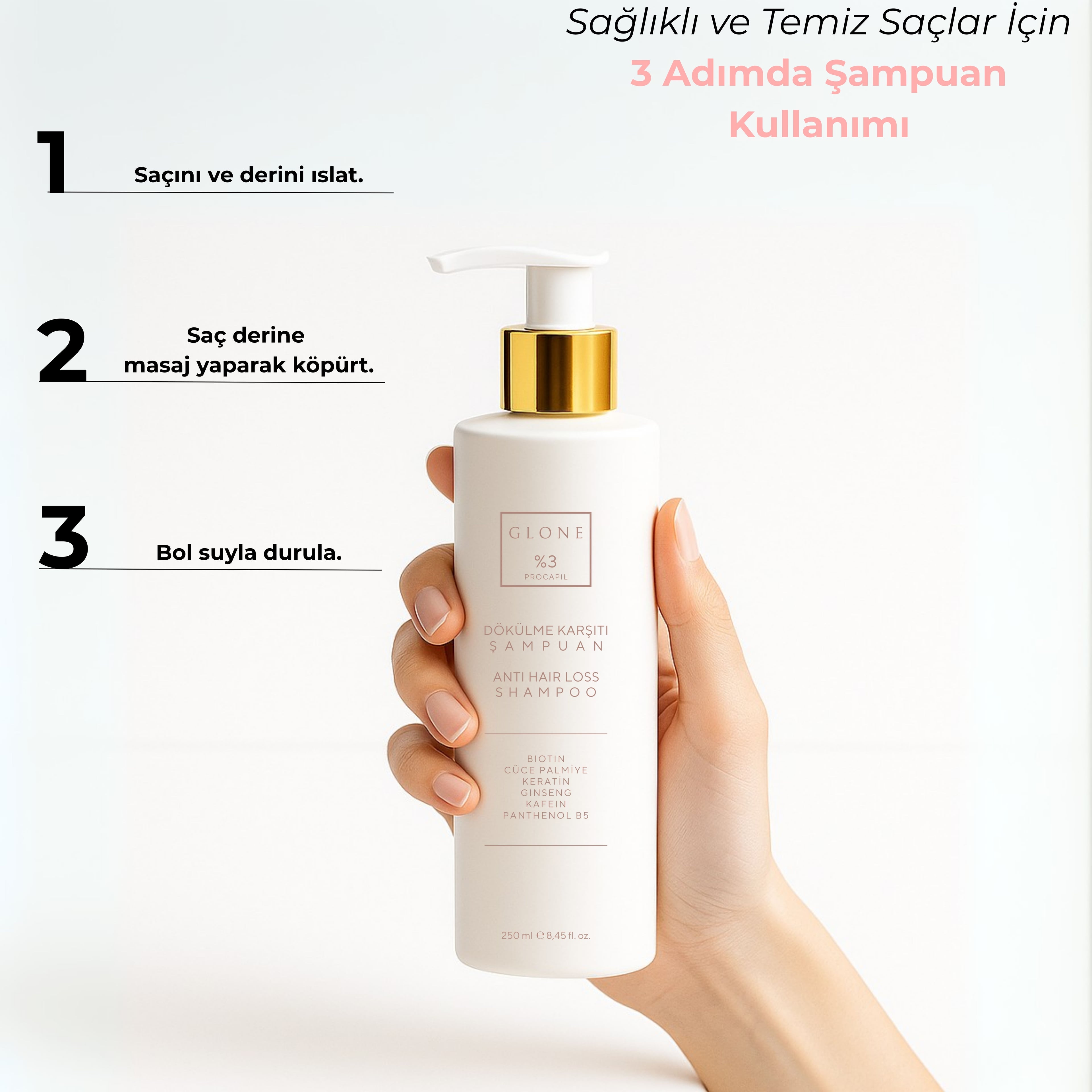 GLONE Anti Hair Loss Shampoo %3 Procapil Dökülme Karşıtı Şampuan 250ml – Biotinli, Keratinli, Ginseng & Kafein İçerikli, Tüm Saç Tipleri İçin