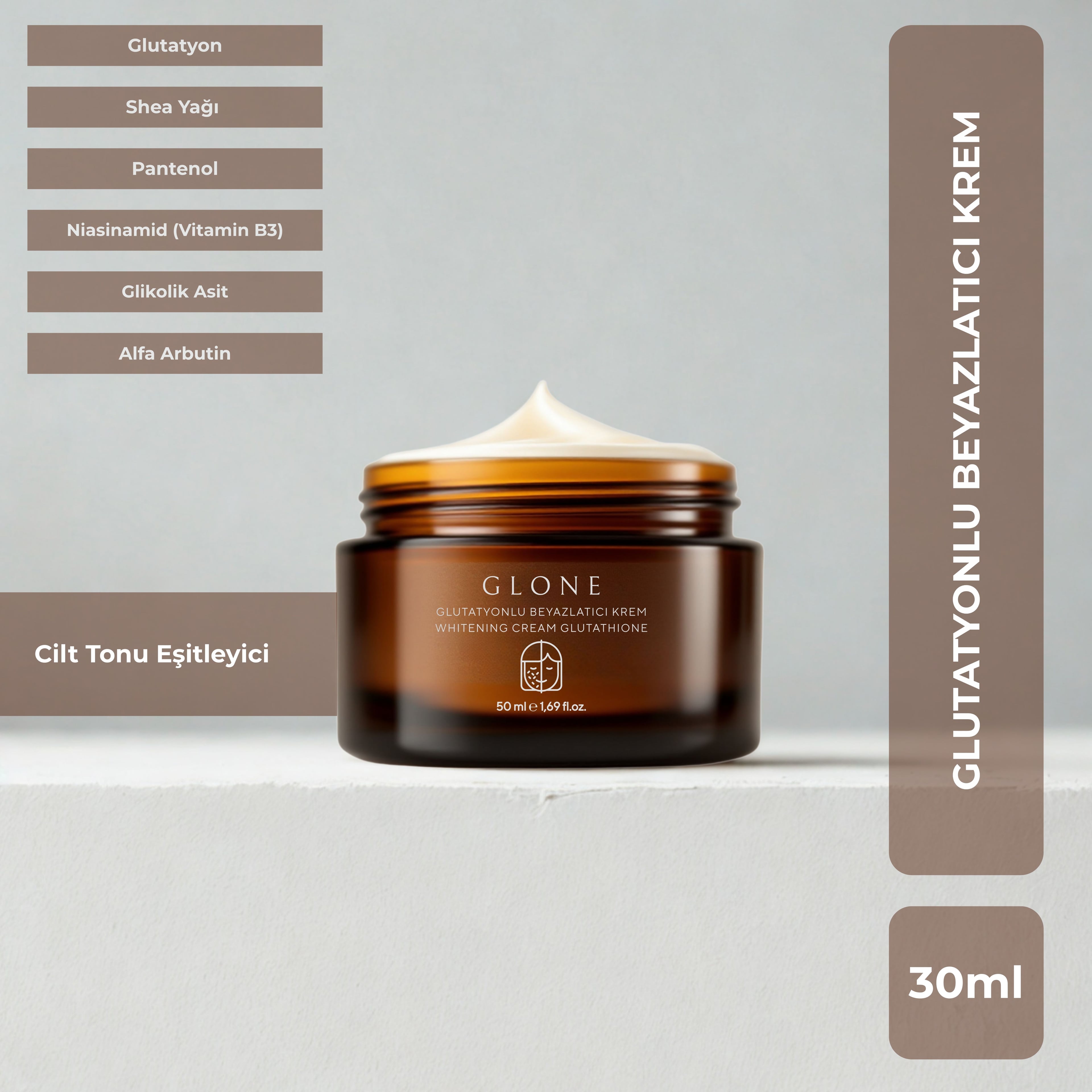 GLONE Glutatyonlu Beyazlatıcı Krem | Niacinamide, Glikolik Asit & Alpha Arbutin İçerikli - Cilt Beyazlatma, Leke Karşıtı ve Parlaklık Sağlayan Bakım 50 ml | Shea Yağı & Panthenol ile Nemlendirici