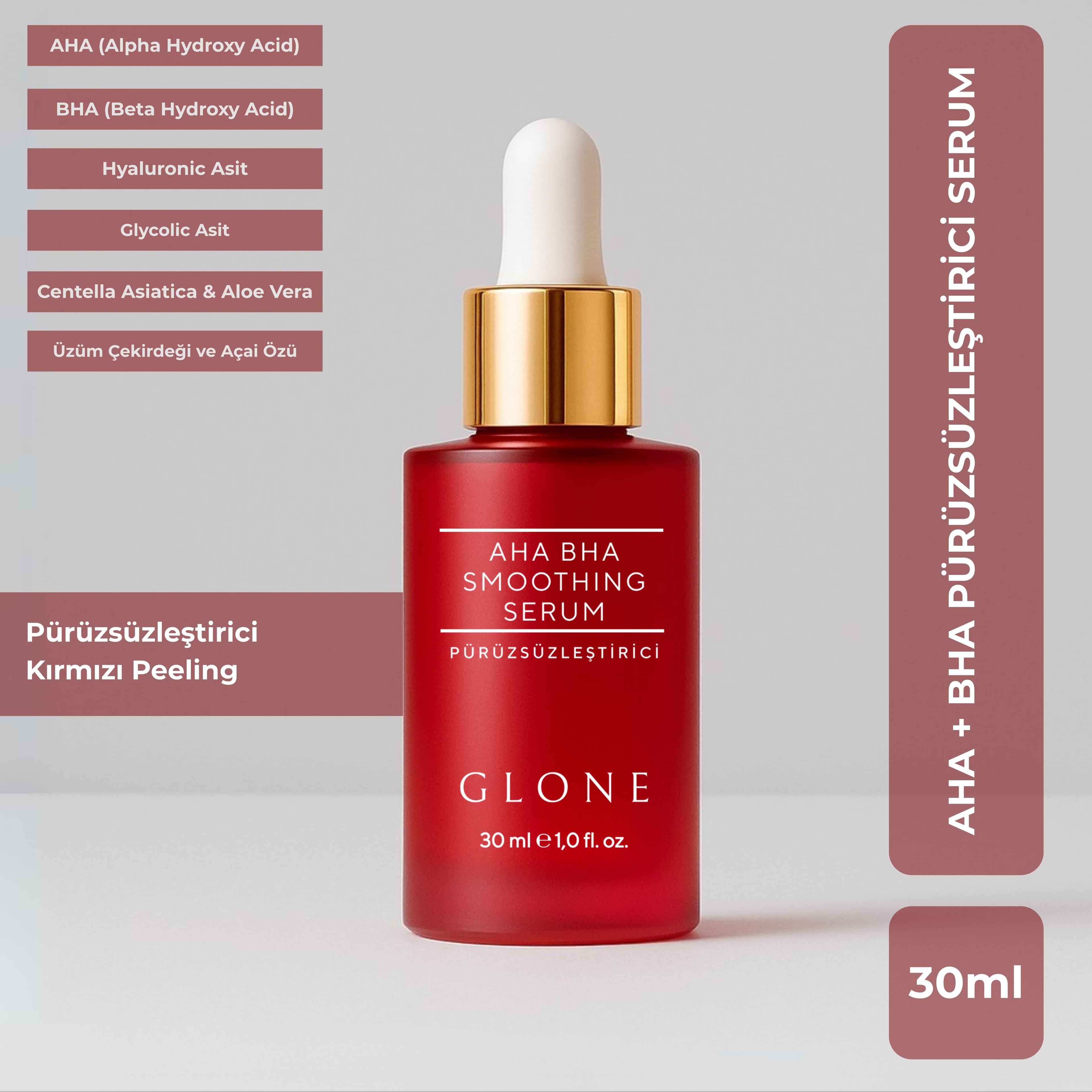 GLONE AHA BHA Pürüzsüzleştirici Serum 30ml | Hyaluronik Asit, Glycolic Acid & Centella Asiatica İçeren Peeling Serum | Cilt Yenileme ve Parlaklık