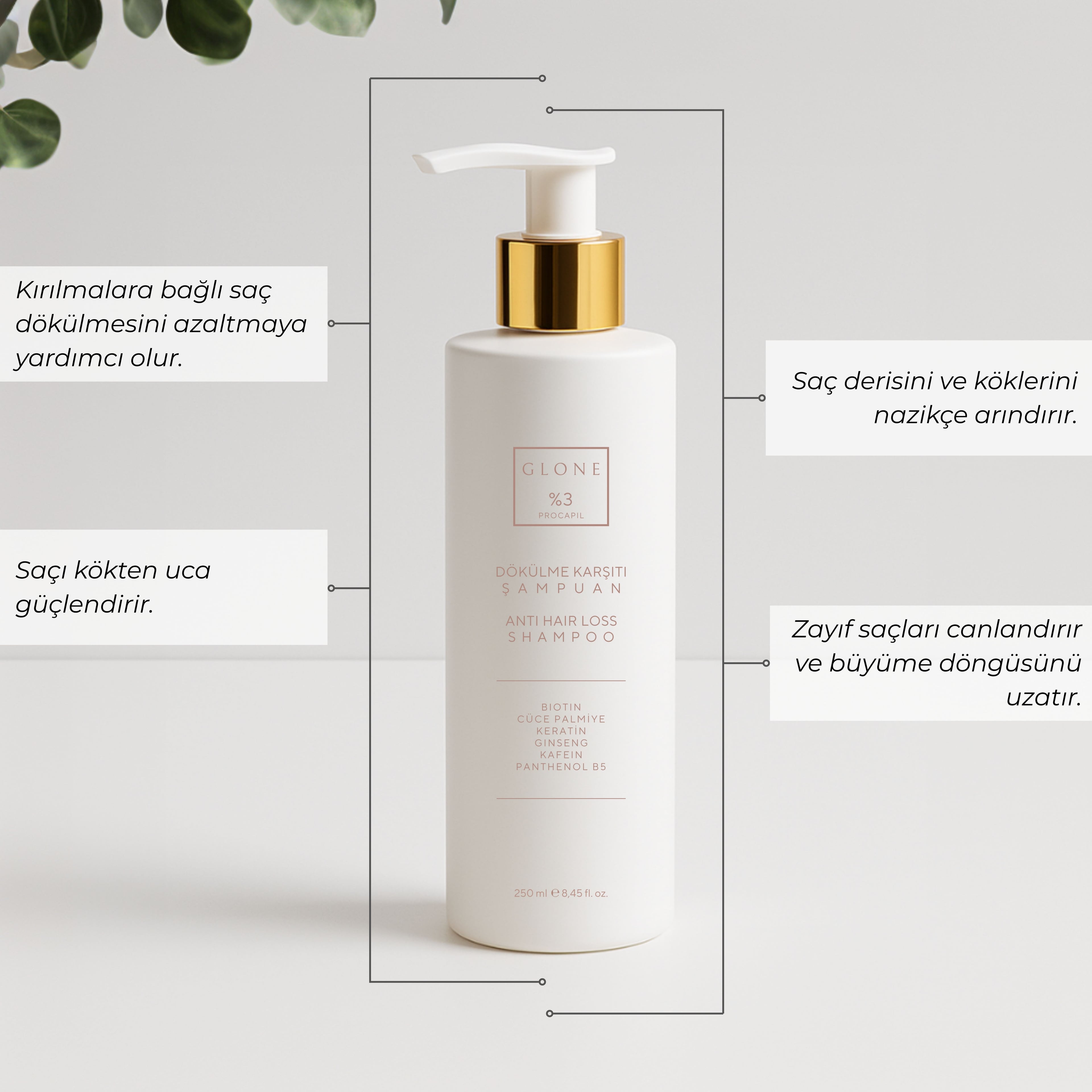 GLONE Anti Hair Loss Shampoo %3 Procapil Dökülme Karşıtı Şampuan 250ml – Biotinli, Keratinli, Ginseng & Kafein İçerikli, Tüm Saç Tipleri İçin