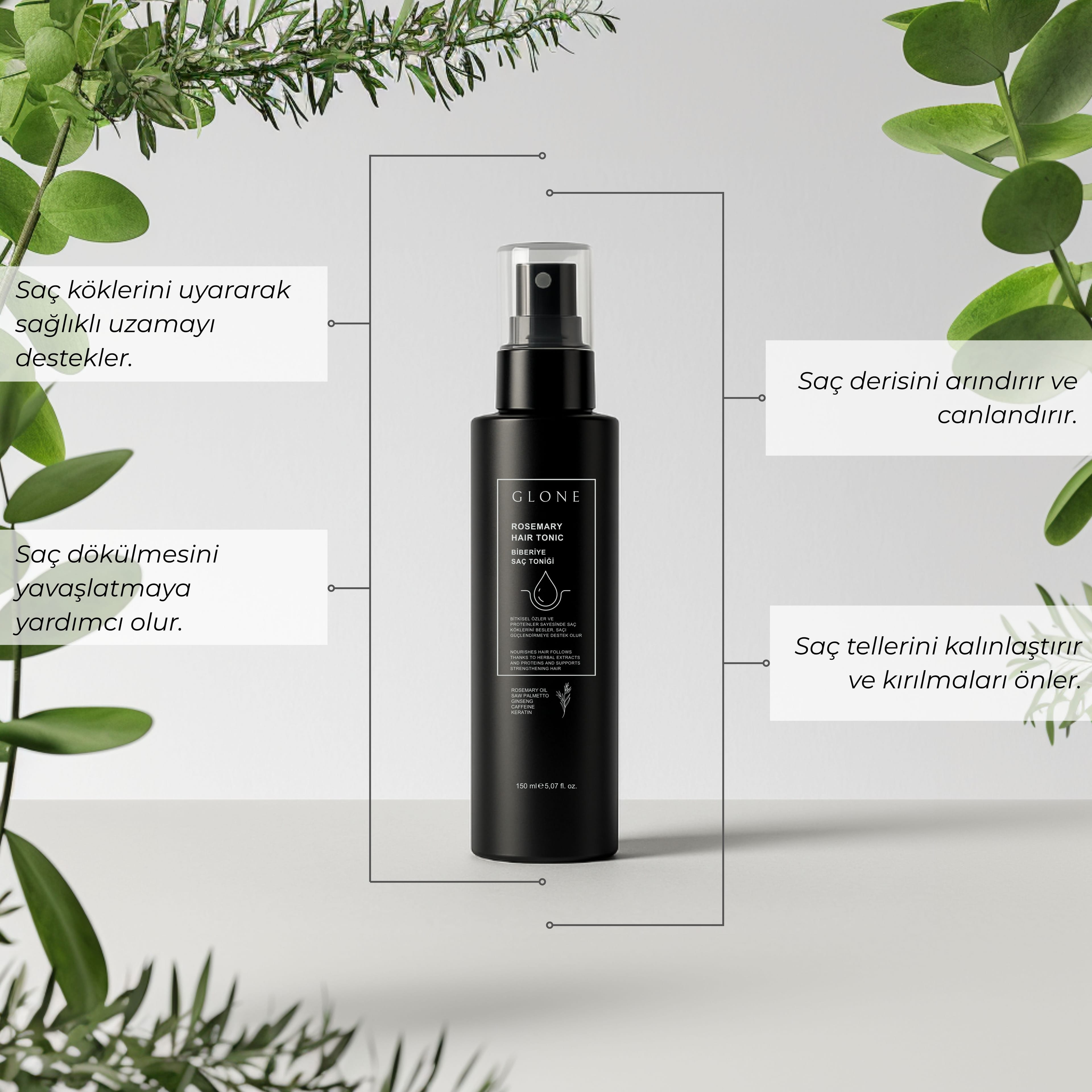 GLONE Biberiye Saç Toniği 150ml | Biberiye Yağı, Keratin & Kafein İçeren Saç Dökülmesi Karşıtı Tonik | Ginseng ve Cüce Palmiye ile Saç Uzatma & Güçlendirme
