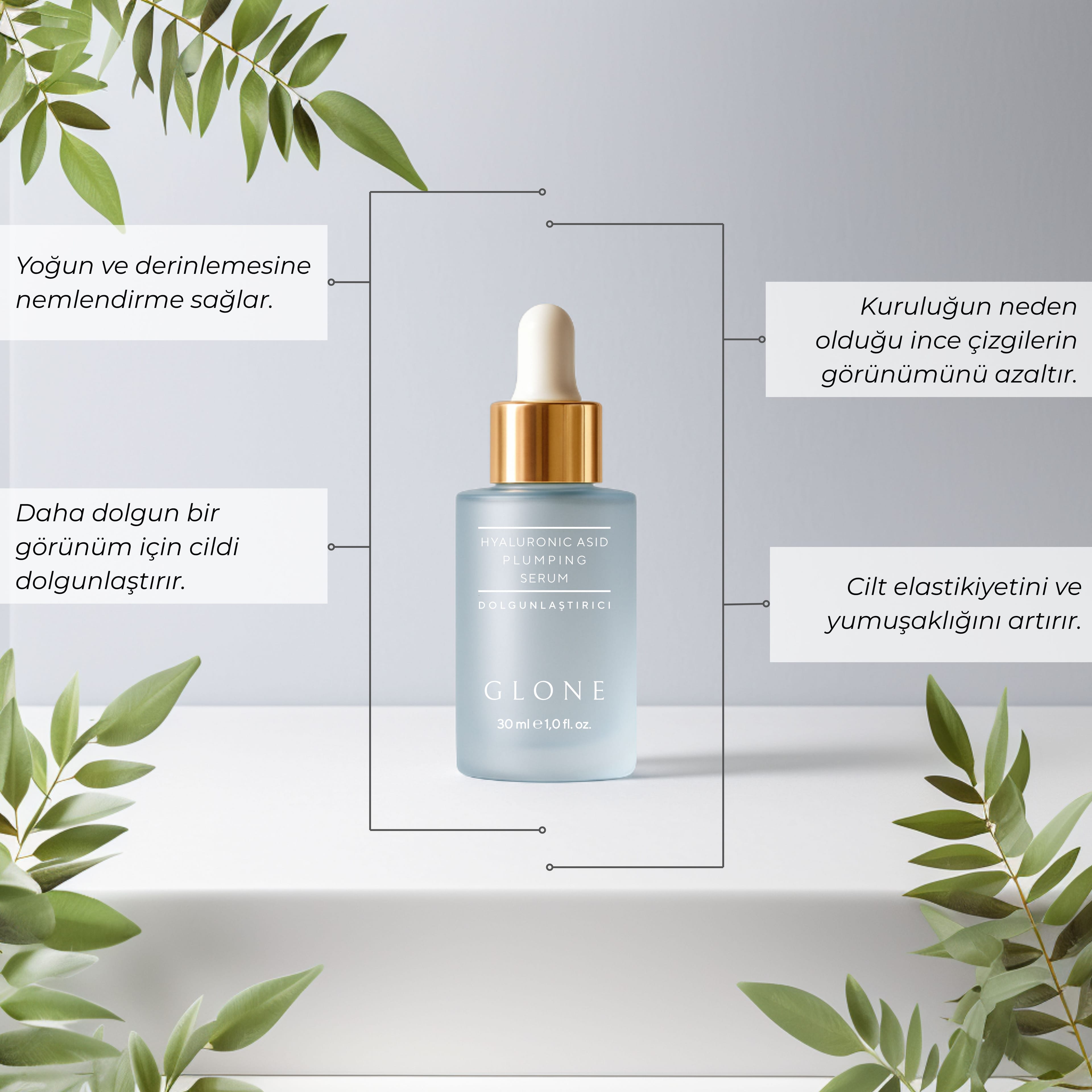 GLONE Hyaluronik Asit Dolgunlaştırıcı Serum 30ml | Collagen, Niacinamide & Panthenol İçeren Yoğun Nem ve Dolgunluk Serumu | Cilt Sıkılaştırma ve Işıltı