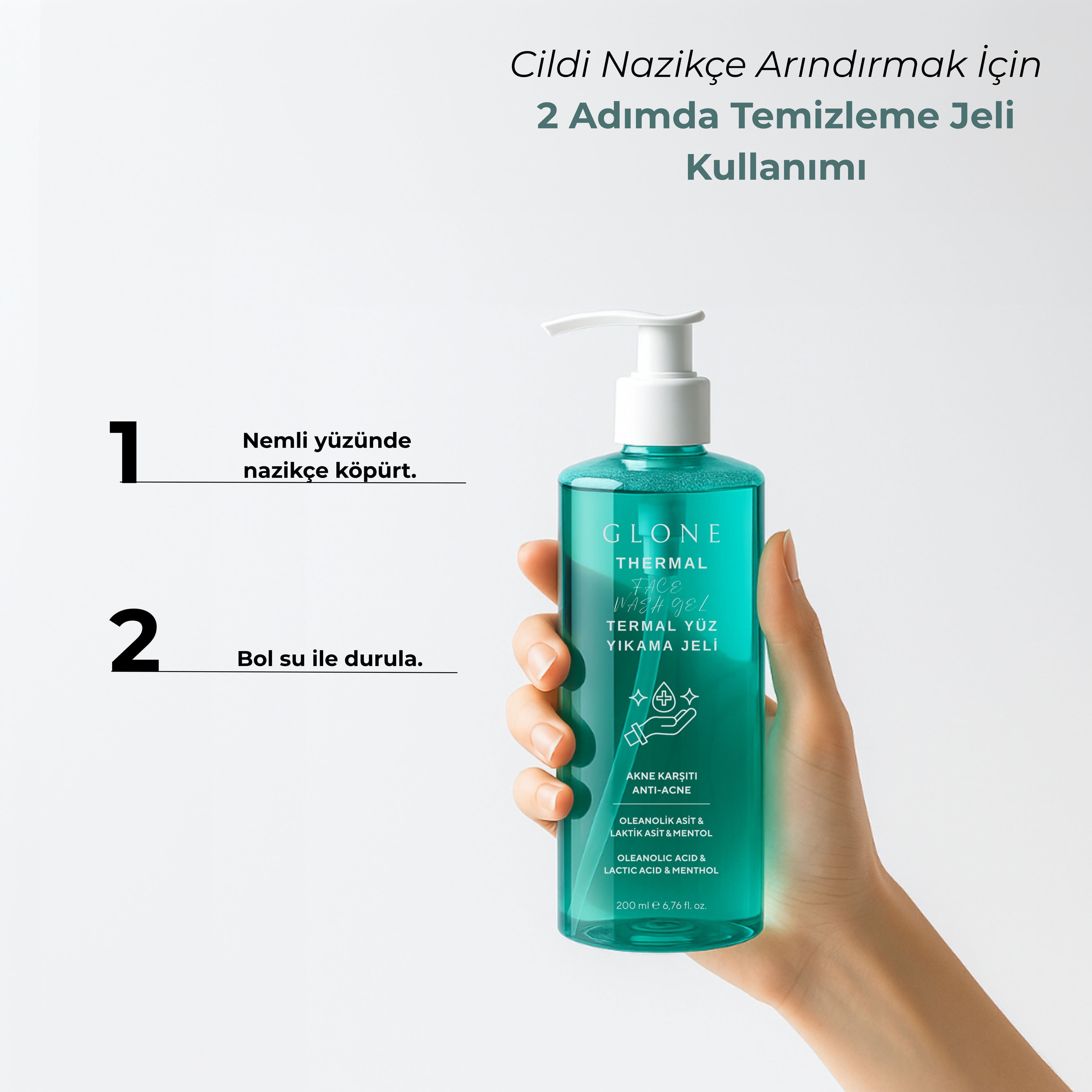 GLONE Termal Yüz Yıkama Jeli 200ml | Laktik Asit, Mentol & Çay Ağacı Yağı İçeren Derinlemesine Arındırıcı Jel | Tüm Cilt Tipleri İçin Ferahlık ve Gözenek Temizliği