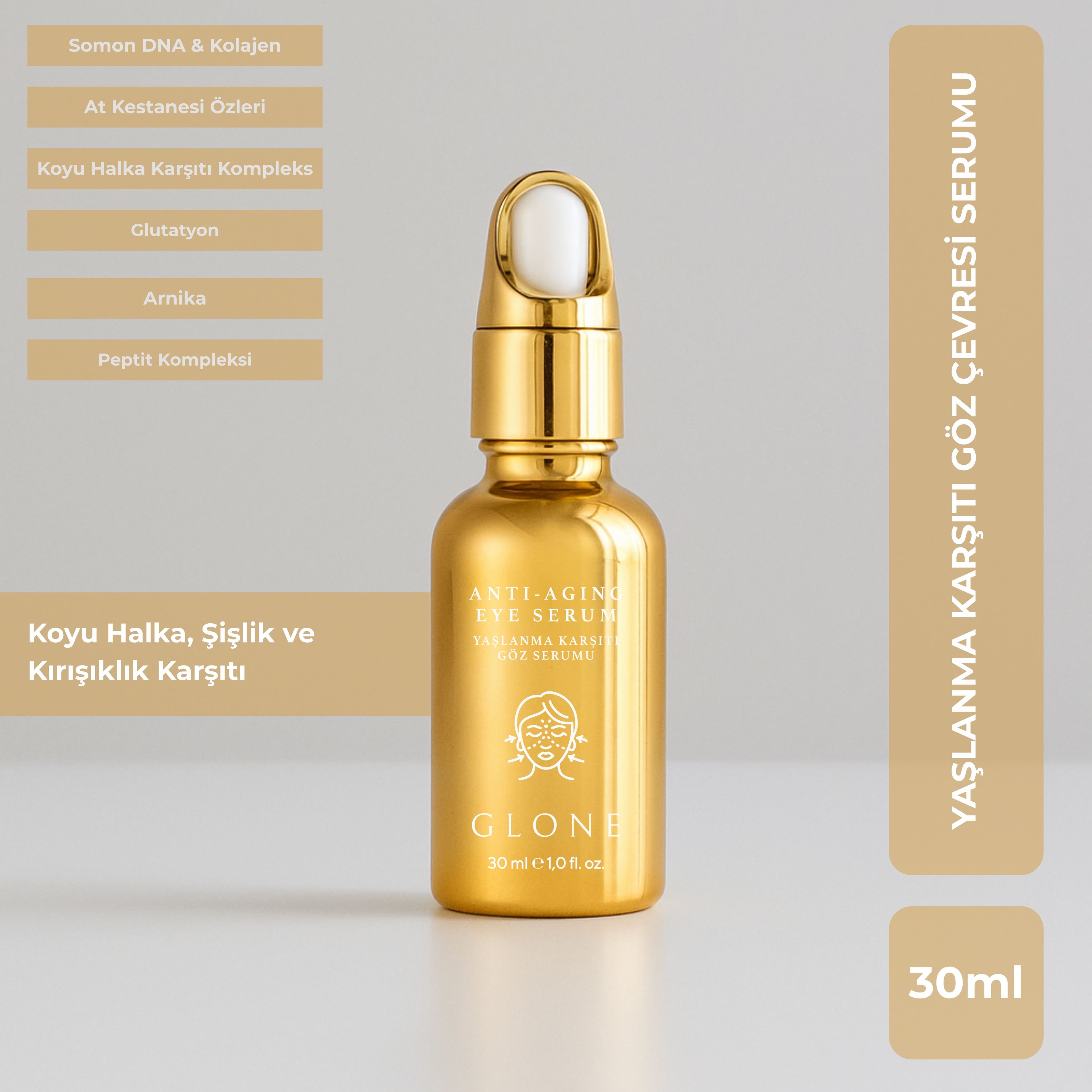 Yoğun Anti Aging Göz Serumu 30ml | Kollajen I+III & Glutatyon & Somon DNA İle Anında Etki 