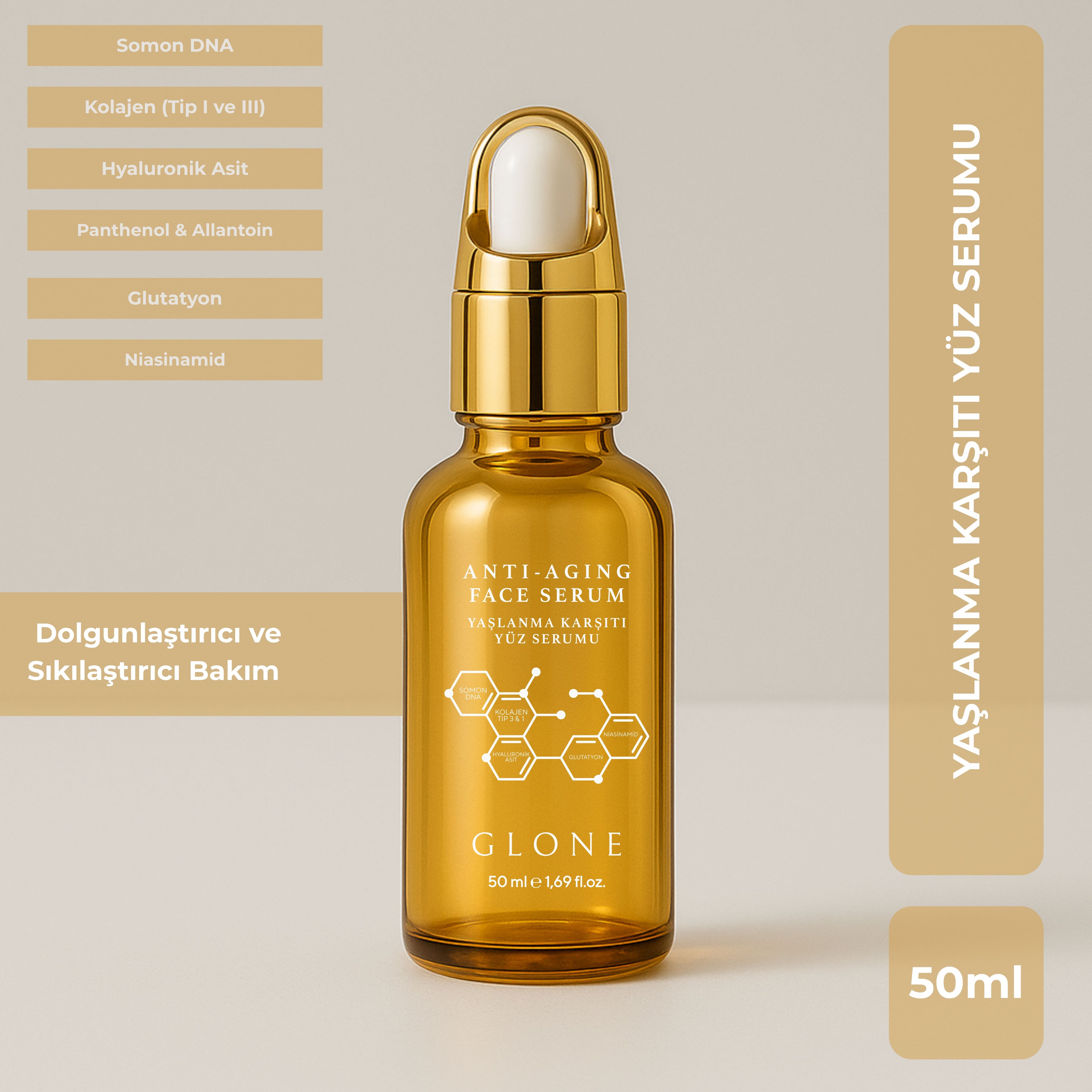 Anti Aging Yüz Serumu 50 ml | Kol I&III+Glutatyon+Somon DNA - Niasinamid+HA ile Kırışık/Leke Karşıtı