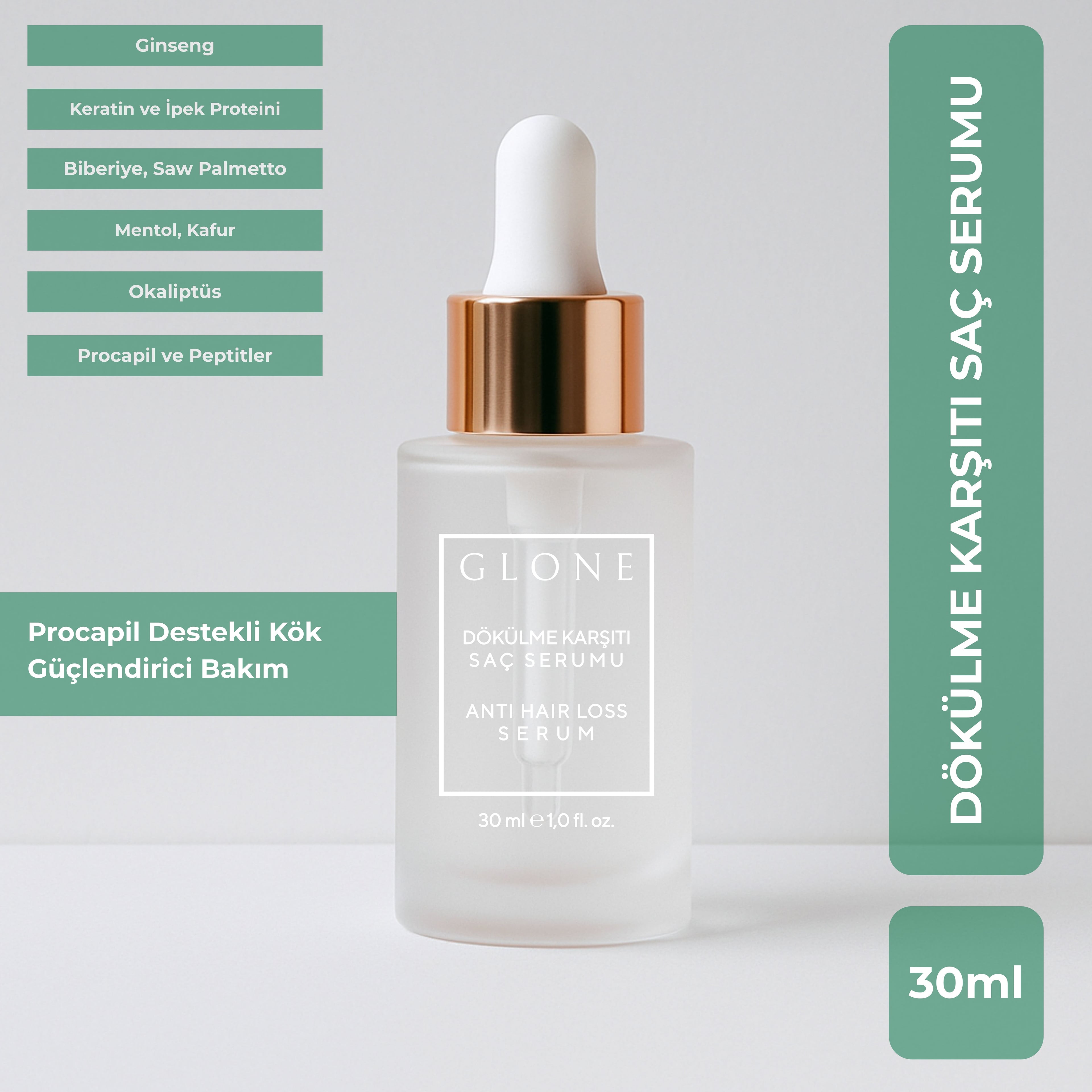 GLONE Dökülme Karşıtı Saç Serumu | Biotin, Keratin, Kafur & Mentol İçerikli - Saç Köklerini Güçlendirir, Dökülmeyi Önler 30 ml | Yeşil Çay, Biberiye Yağı & İpek Proteini ile Onarım