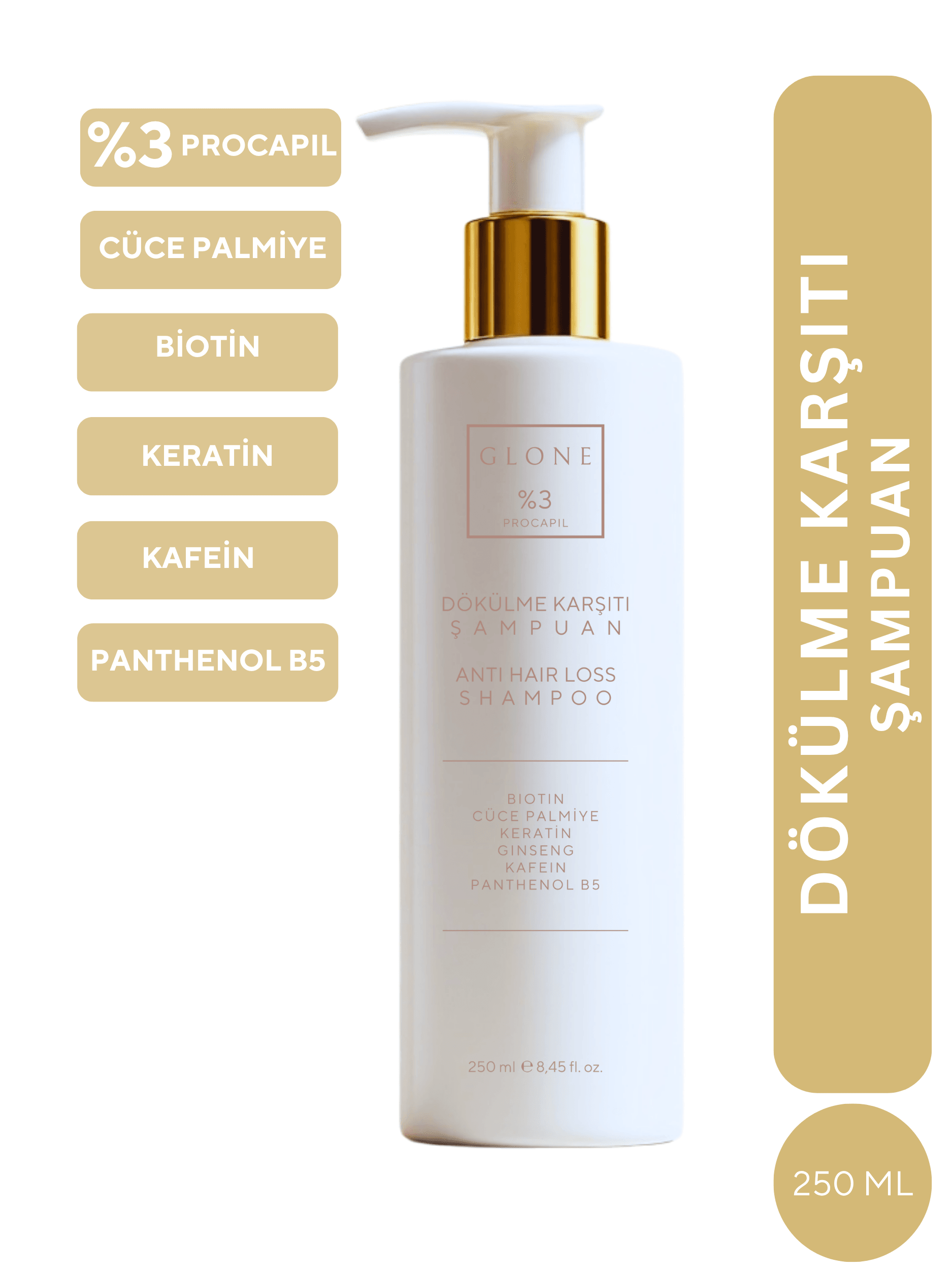 GLONE Anti Hair Loss Shampoo %3 Procapil Dökülme Karşıtı Şampuan 250ml – Biotinli, Keratinli, Ginseng & Kafein İçerikli, Tüm Saç Tipleri İçin