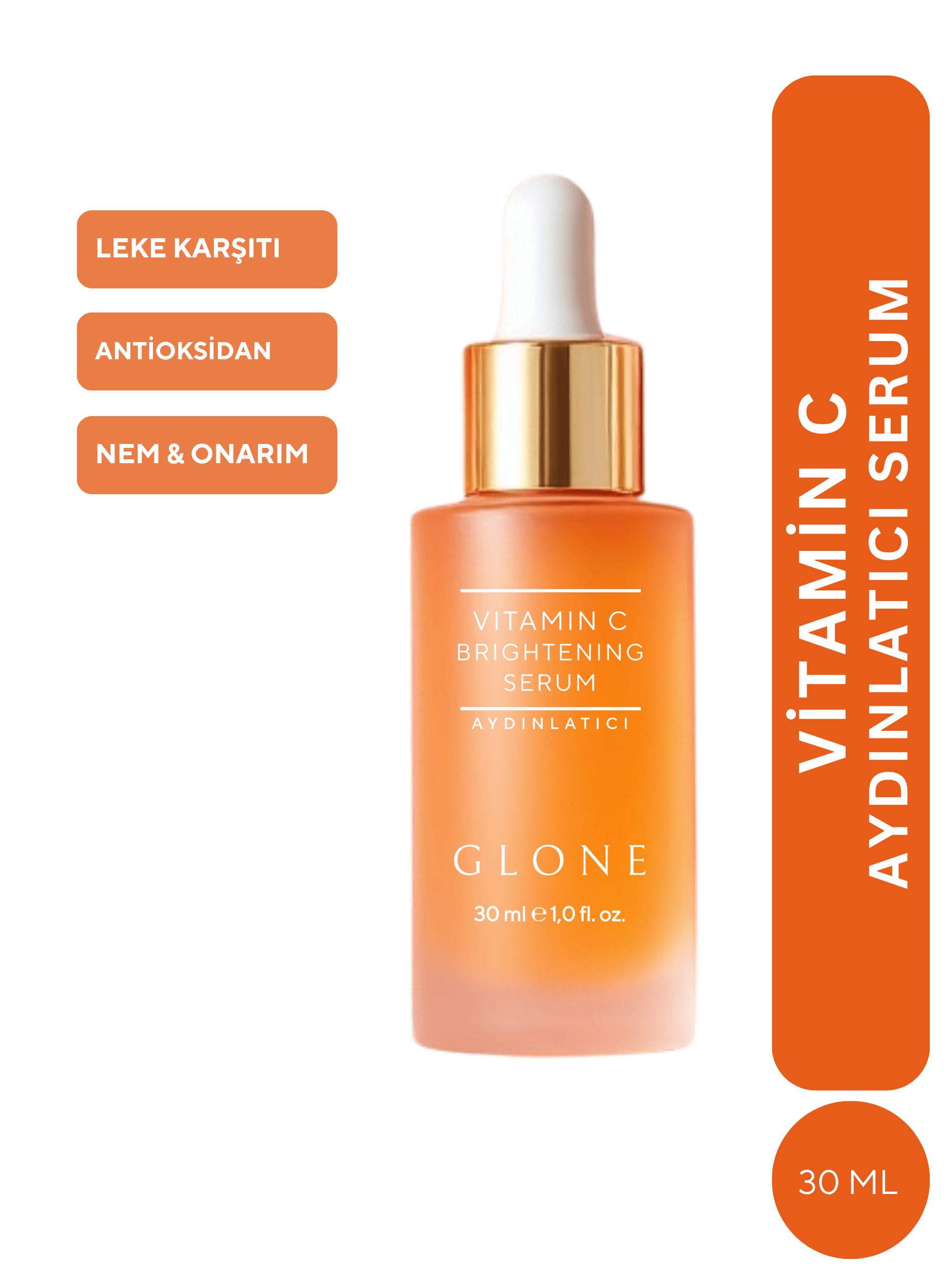 GLONE Vitamin C Aydınlatıcı Serum 30ml | Ethyl Ascorbic Acid, Hyaluronik Asit & Centella İçeren Cilt Aydınlatıcı Serum | Leke Karşıtı & Antioksidan Koruma