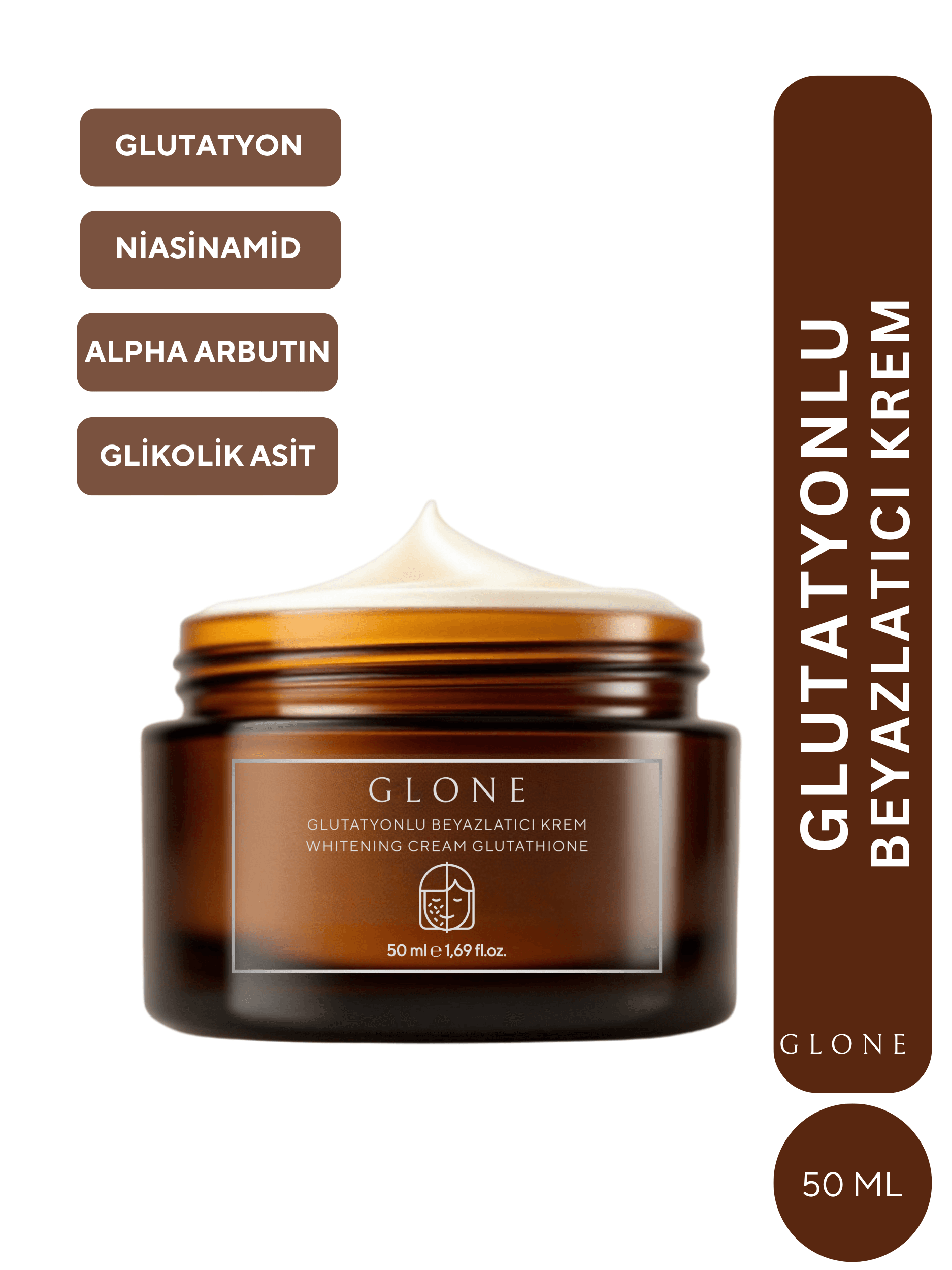 GLONE Glutatyonlu Beyazlatıcı Krem | Niacinamide, Glikolik Asit & Alpha Arbutin İçerikli - Cilt Beyazlatma, Leke Karşıtı ve Parlaklık Sağlayan Bakım 50 ml | Shea Yağı & Panthenol ile Nemlendirici
