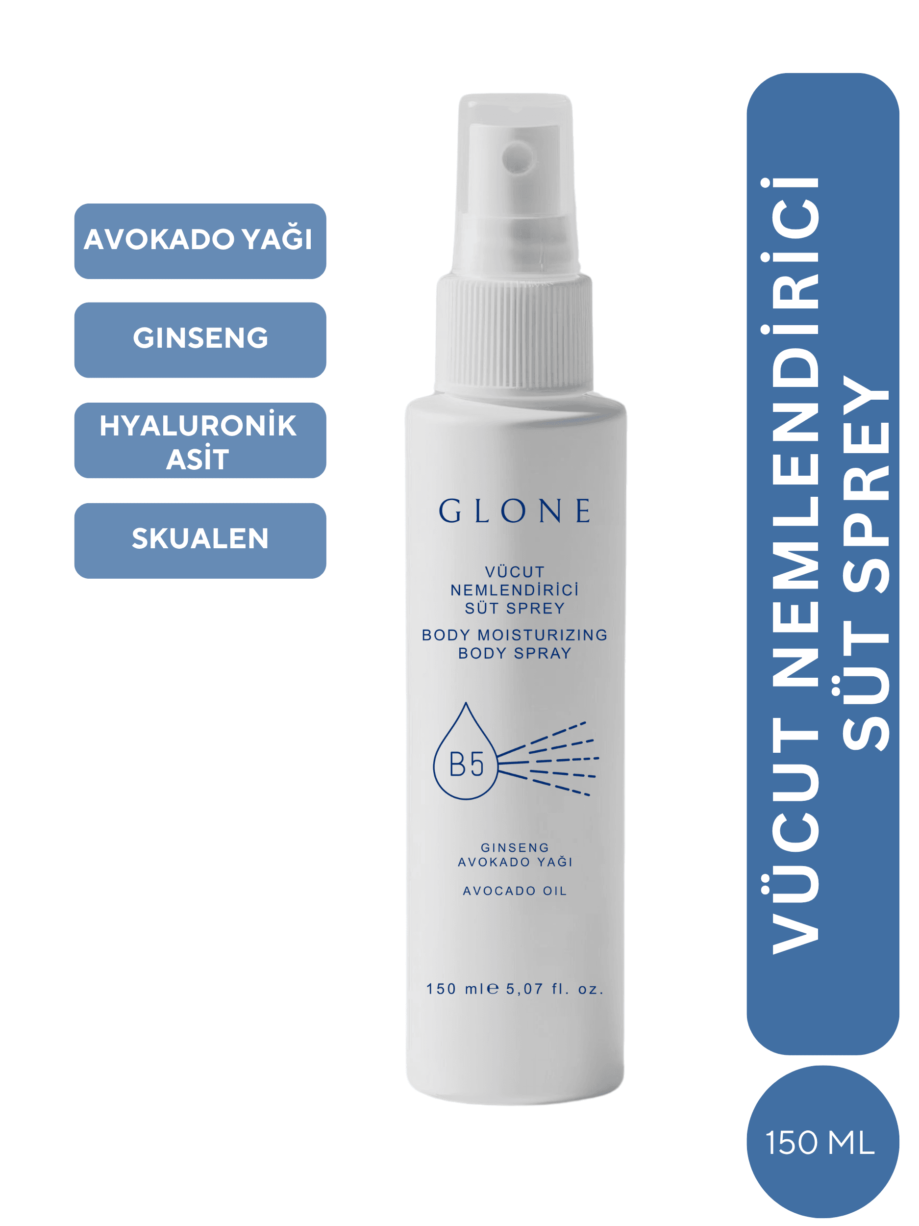 GLONE Vücut Nemlendirici Süt Sprey 150ml | Hyaluronik Asit, Panthenol & Squalane İçeren Yoğun Nemlendirici | Tüm Cilt Tipleri İçin İdeal Bakım