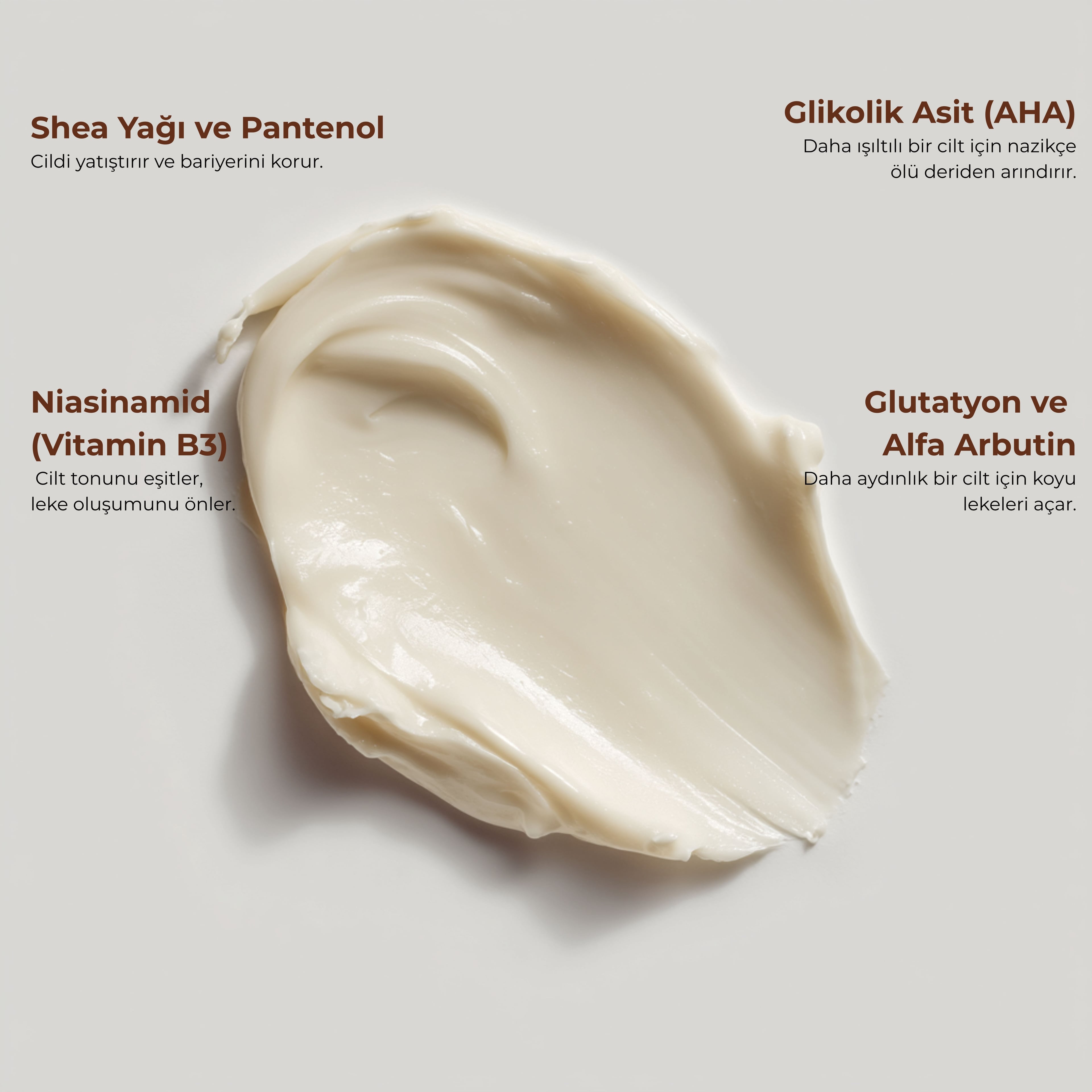 GLONE Glutatyonlu Beyazlatıcı Krem | Niacinamide, Glikolik Asit & Alpha Arbutin İçerikli - Cilt Beyazlatma, Leke Karşıtı ve Parlaklık Sağlayan Bakım 50 ml | Shea Yağı & Panthenol ile Nemlendirici