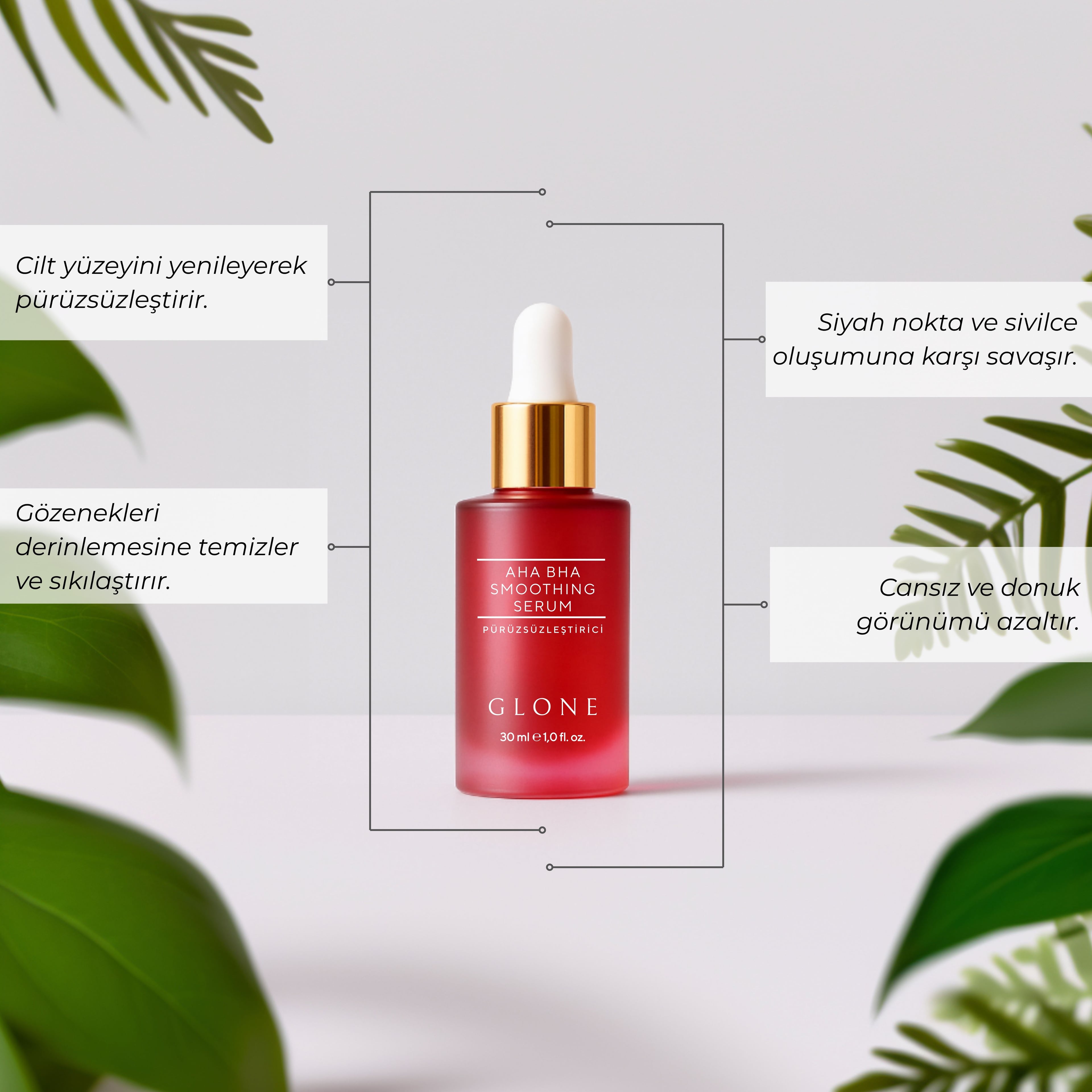 GLONE AHA BHA Pürüzsüzleştirici Serum 30ml | Hyaluronik Asit, Glycolic Acid & Centella Asiatica İçeren Peeling Serum | Cilt Yenileme ve Parlaklık