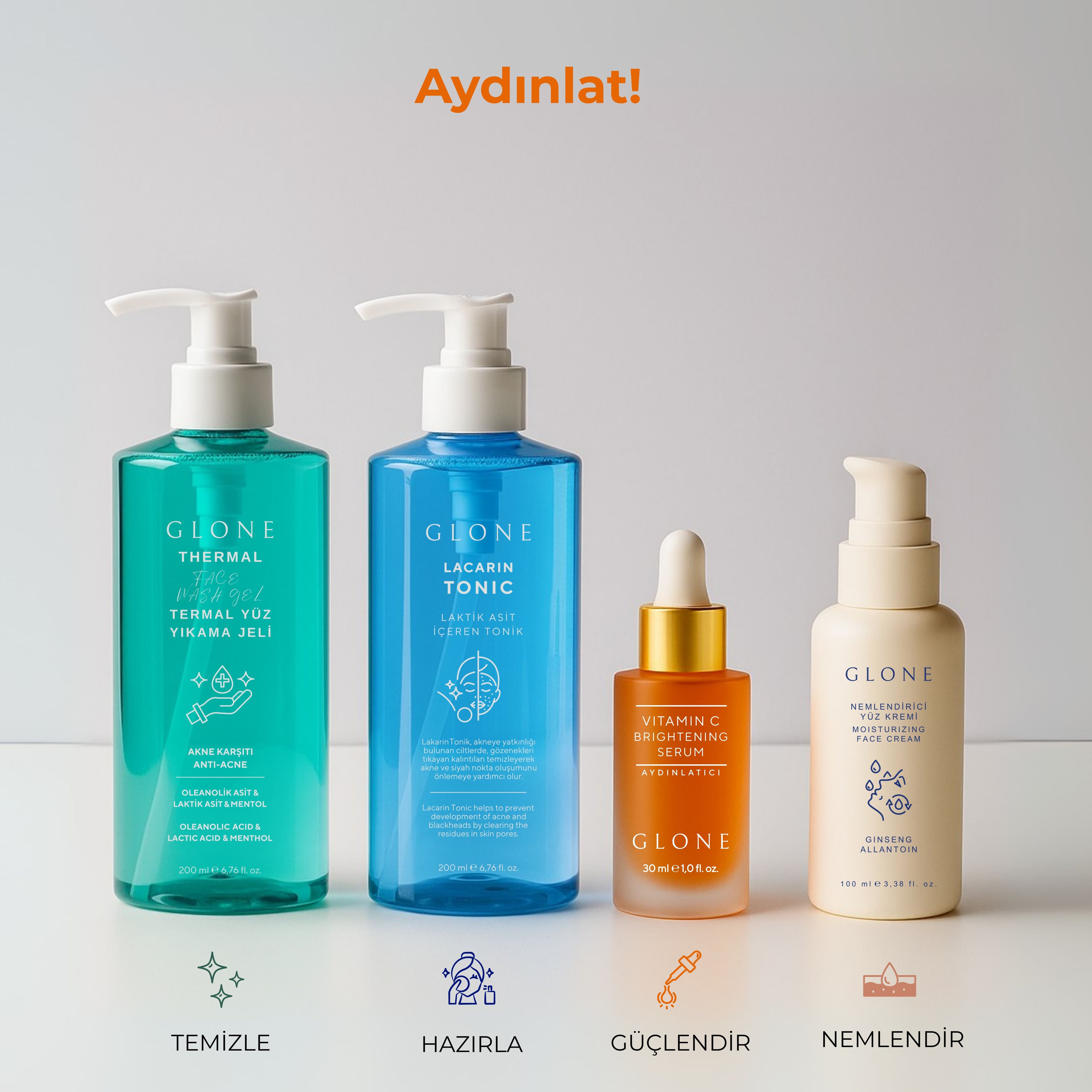 GLONE Vitamin C Aydınlatıcı Serum 30ml | Ethyl Ascorbic Acid, Hyaluronik Asit & Centella İçeren Cilt Aydınlatıcı Serum | Leke Karşıtı & Antioksidan Koruma