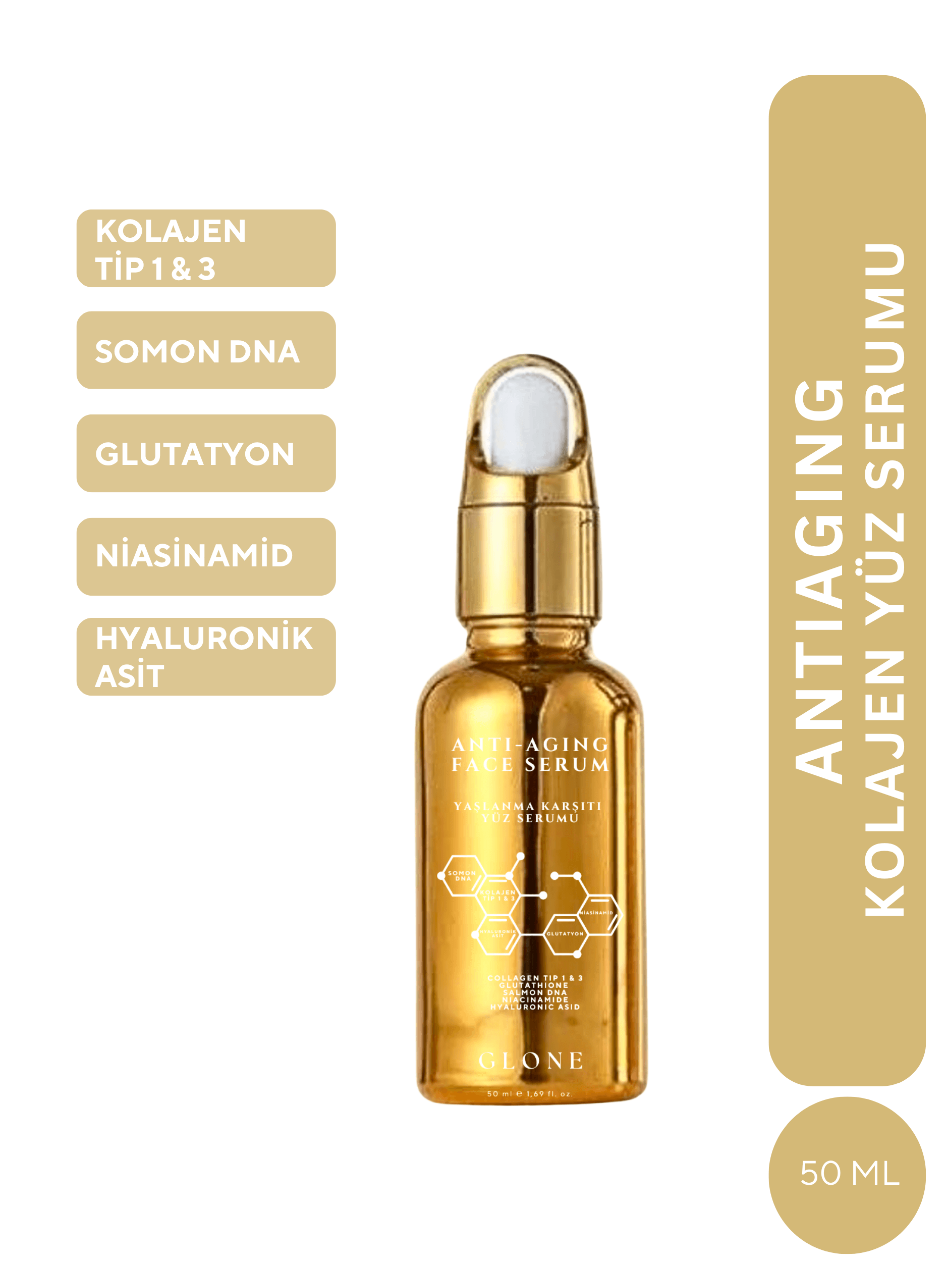 Anti Aging Yüz Serumu 50 ml | Kol I&III+Glutatyon+Somon DNA - Niasinamid+HA ile Kırışık/Leke Karşıtı