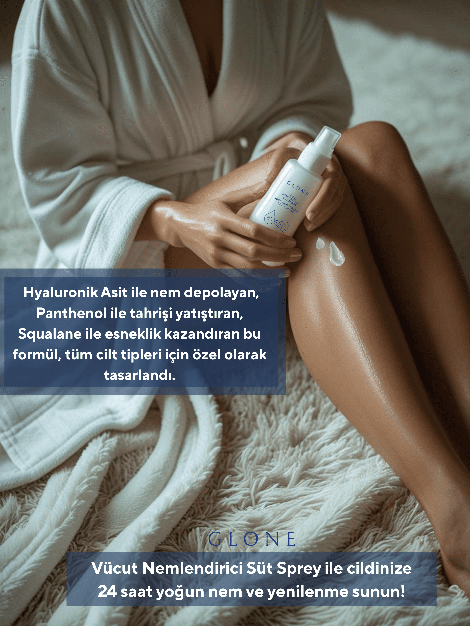 GLONE Vücut Nemlendirici Süt Sprey 150ml | Hyaluronik Asit, Panthenol & Squalane İçeren Yoğun Nemlendirici | Tüm Cilt Tipleri İçin İdeal Bakım