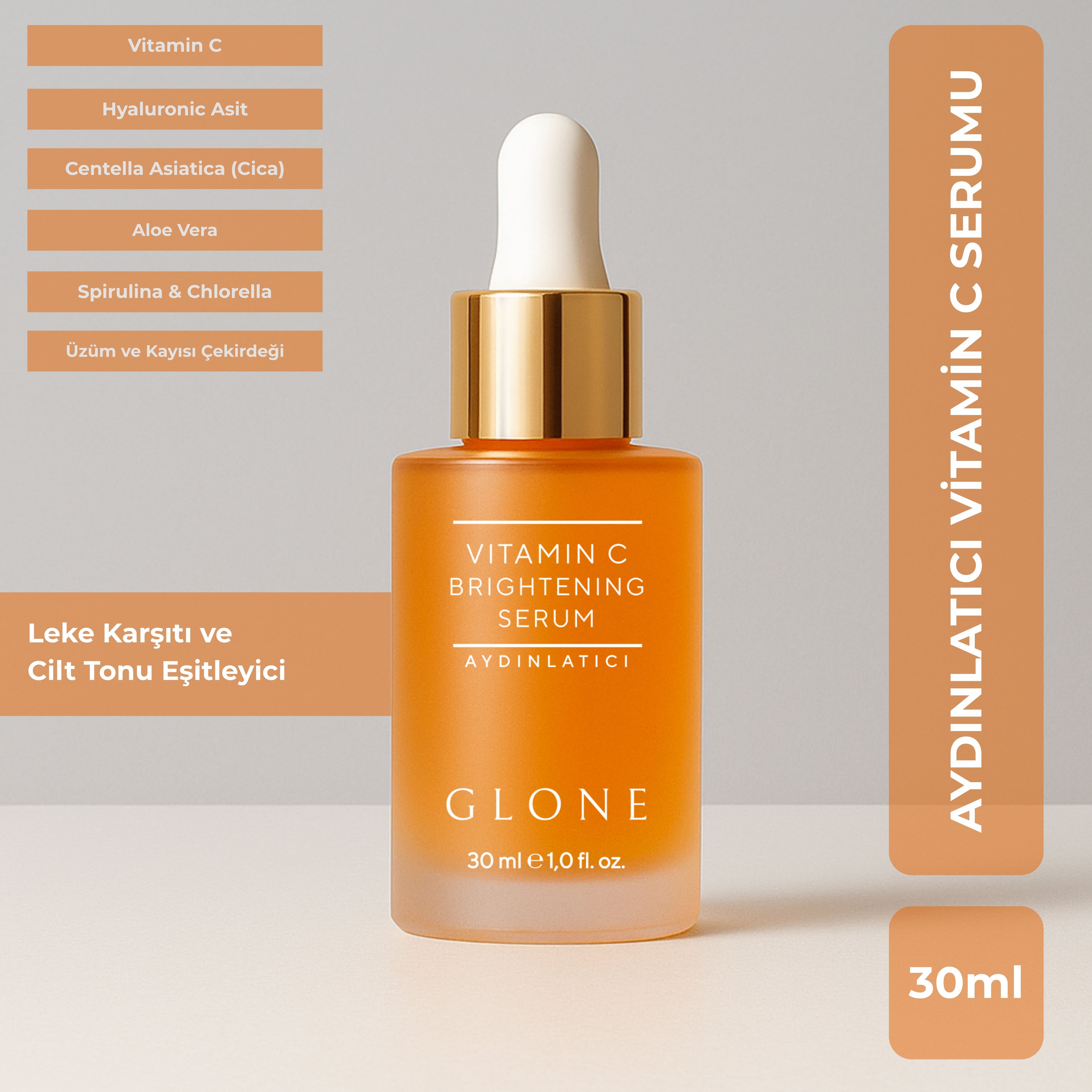 GLONE Vitamin C Aydınlatıcı Serum 30ml | Ethyl Ascorbic Acid, Hyaluronik Asit & Centella İçeren Cilt Aydınlatıcı Serum | Leke Karşıtı & Antioksidan Koruma