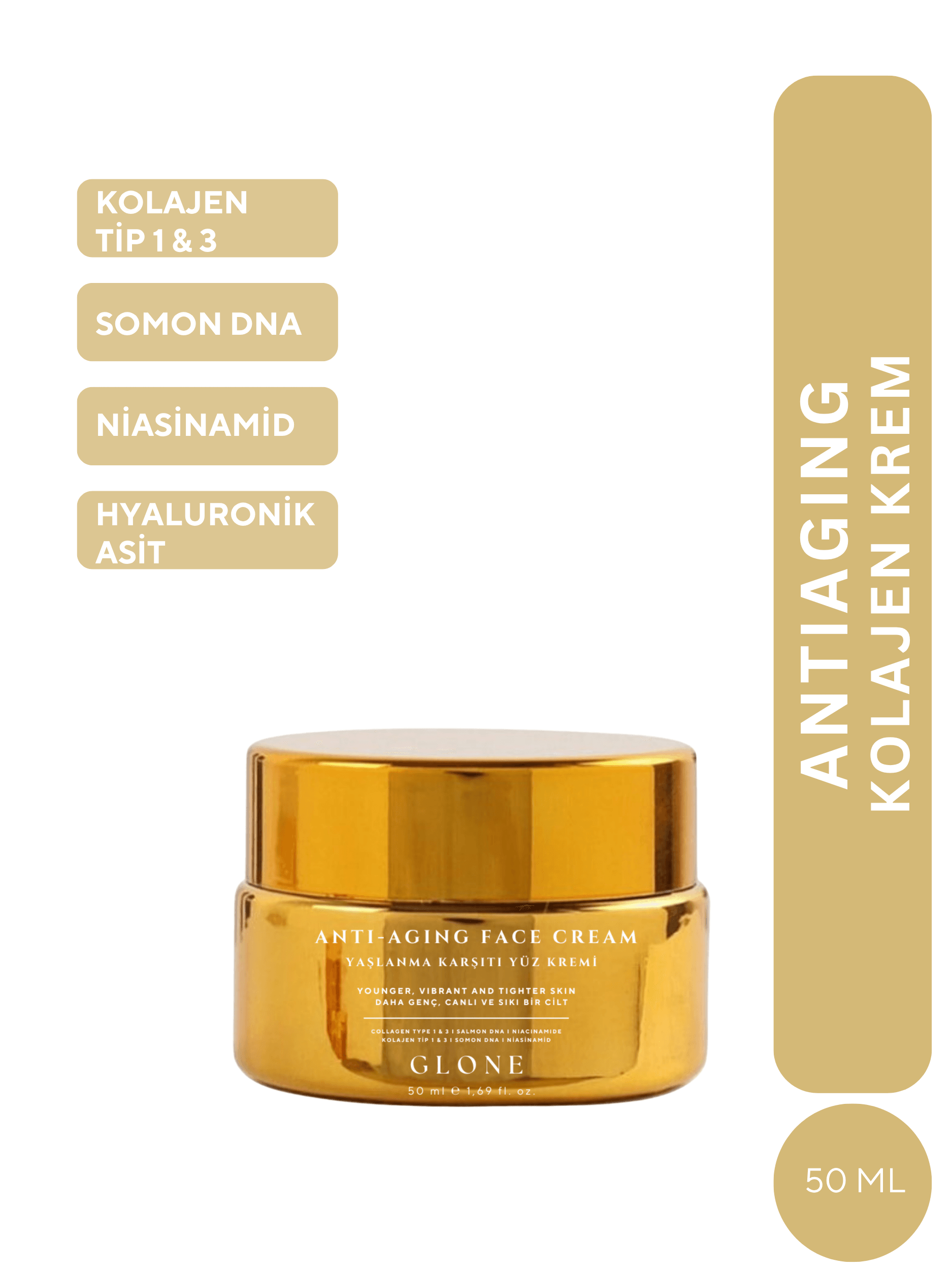 Anti Aging Kolajen Krem 50ml | Kollajen I&III+Somon DNA&Niasinamid-Sıkılık+Nem+Işıltı | HA&Calendula