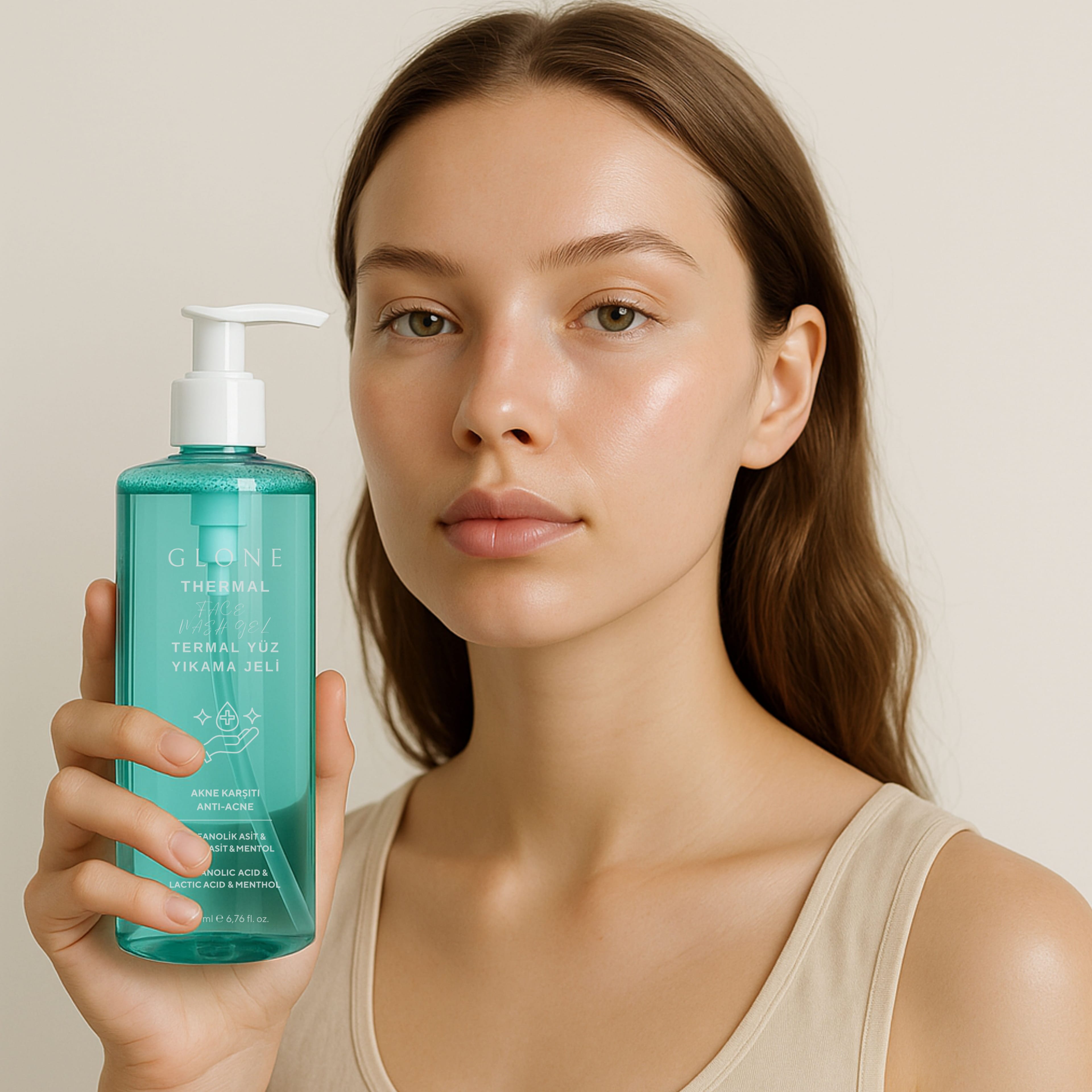 GLONE Termal Yüz Yıkama Jeli 200ml | Laktik Asit, Mentol & Çay Ağacı Yağı İçeren Derinlemesine Arındırıcı Jel | Tüm Cilt Tipleri İçin Ferahlık ve Gözenek Temizliği