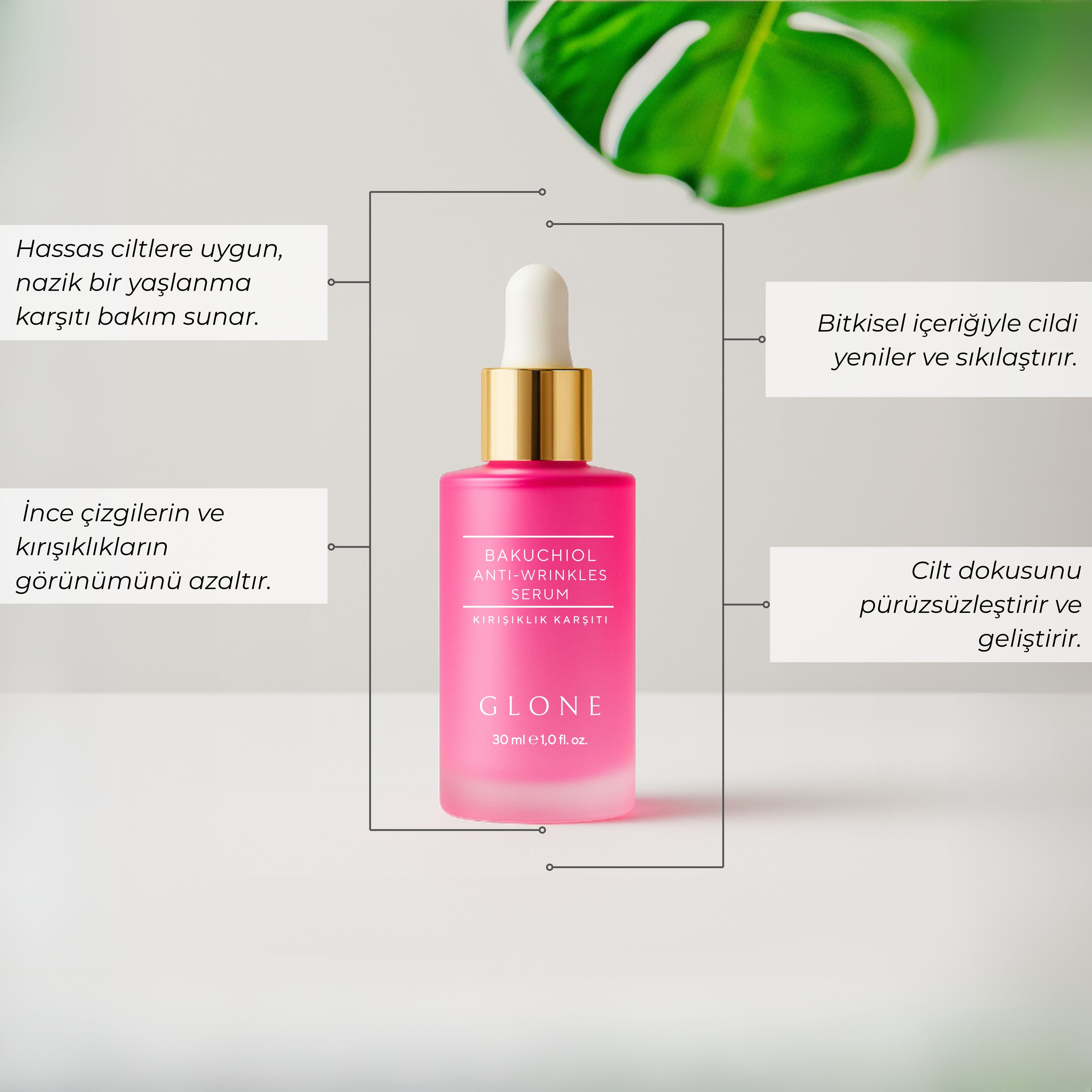 GLONE Bakuchiol Kırışıklık Karşıtı Serum 30ml | Bakuchiol, Hyaluronik Asit & Centella Asiatica İçeren Kırışıklık Karşıtı Serum | Doğal Retinol Alternatifi | Cilt Sıkılaştırma ve Nem