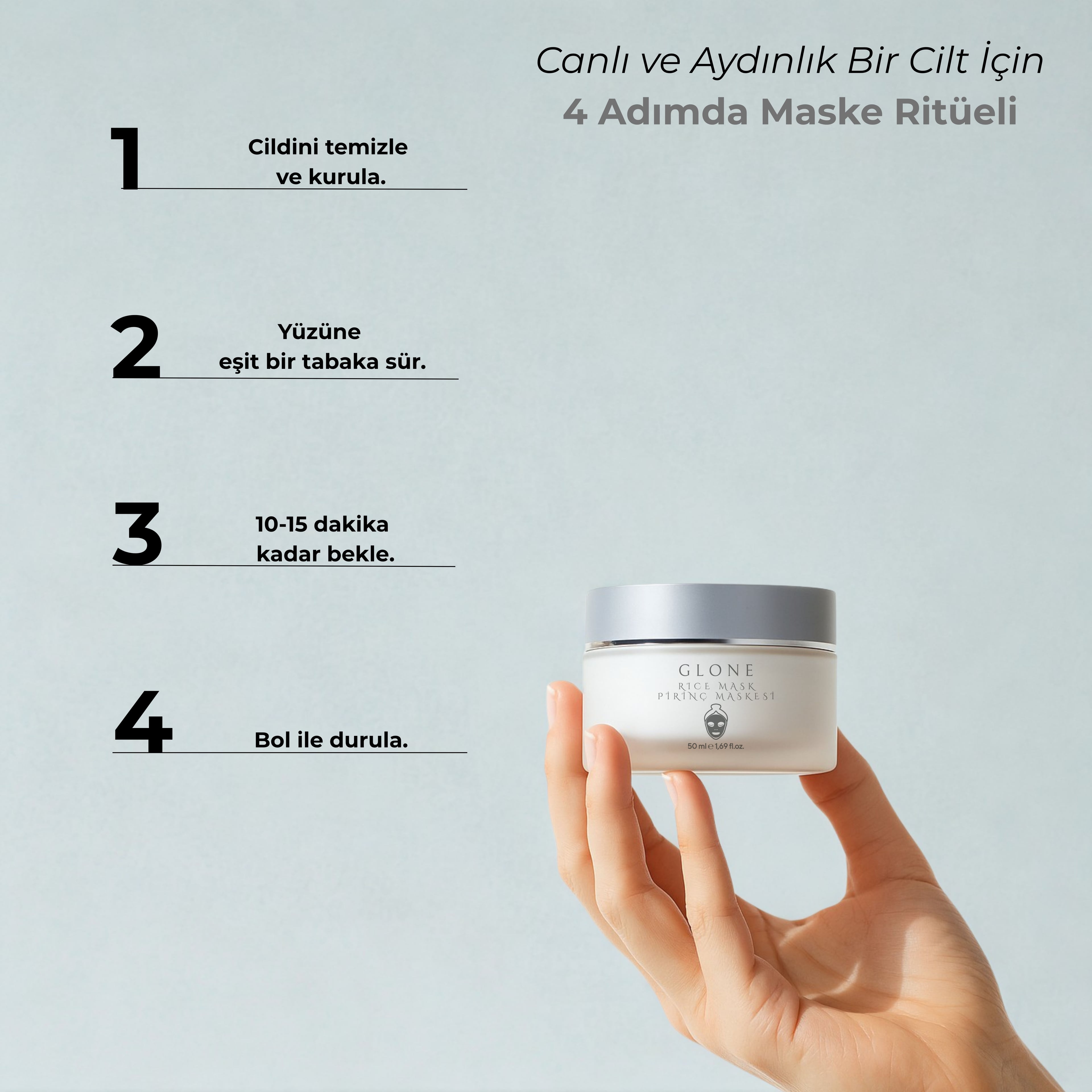 GLONE Pirinç Maskesi 50ml | Glycolic Acid, Panthenol & Oryza Sativa İçeren Arındırıcı ve Aydınlatıcı Maske | Tüm Ciltler İçin Parlaklık ve Detoks