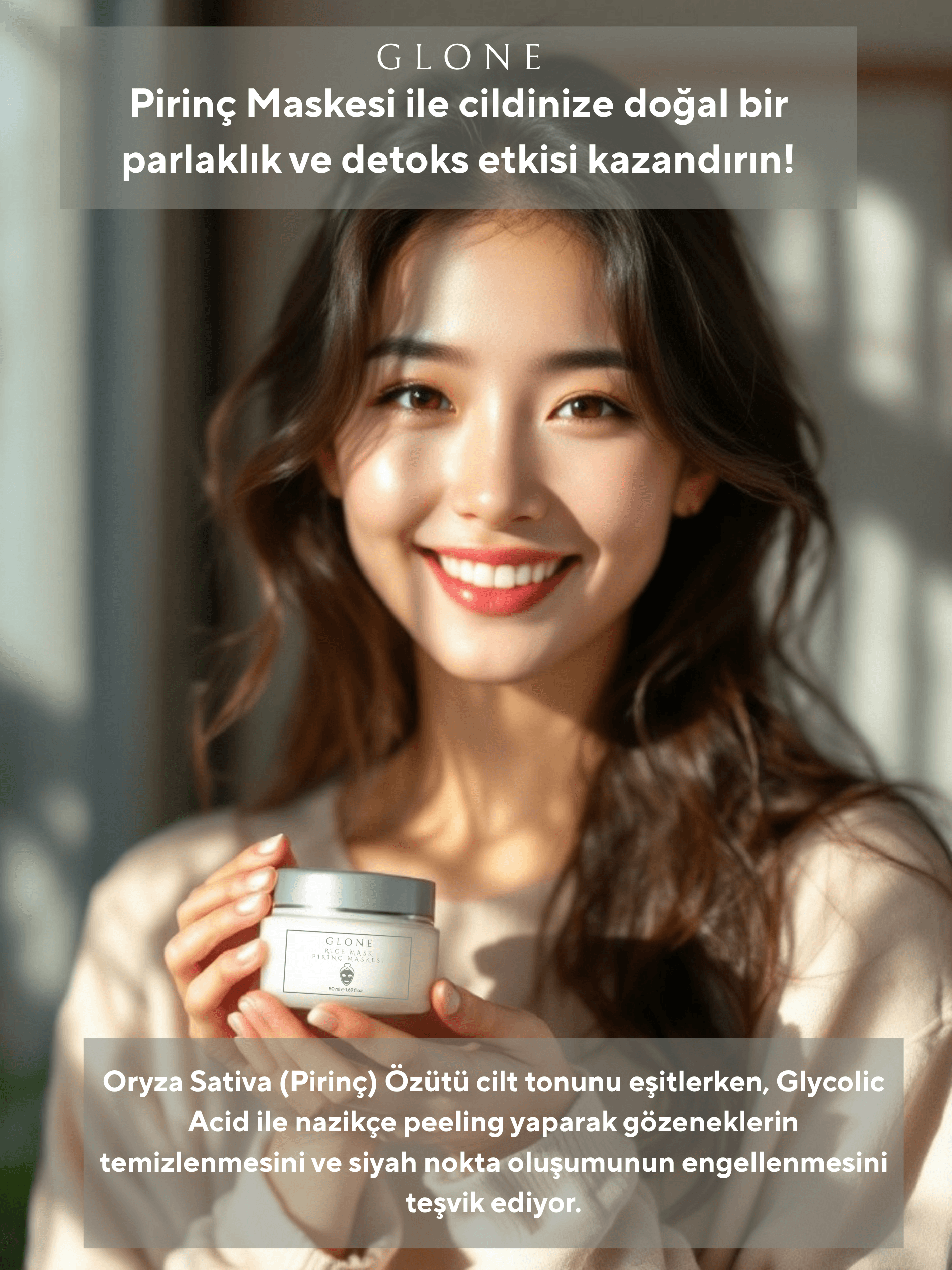 GLONE Pirinç Maskesi 50ml | Glycolic Acid, Panthenol & Oryza Sativa İçeren Arındırıcı ve Aydınlatıcı Maske | Tüm Ciltler İçin Parlaklık ve Detoks