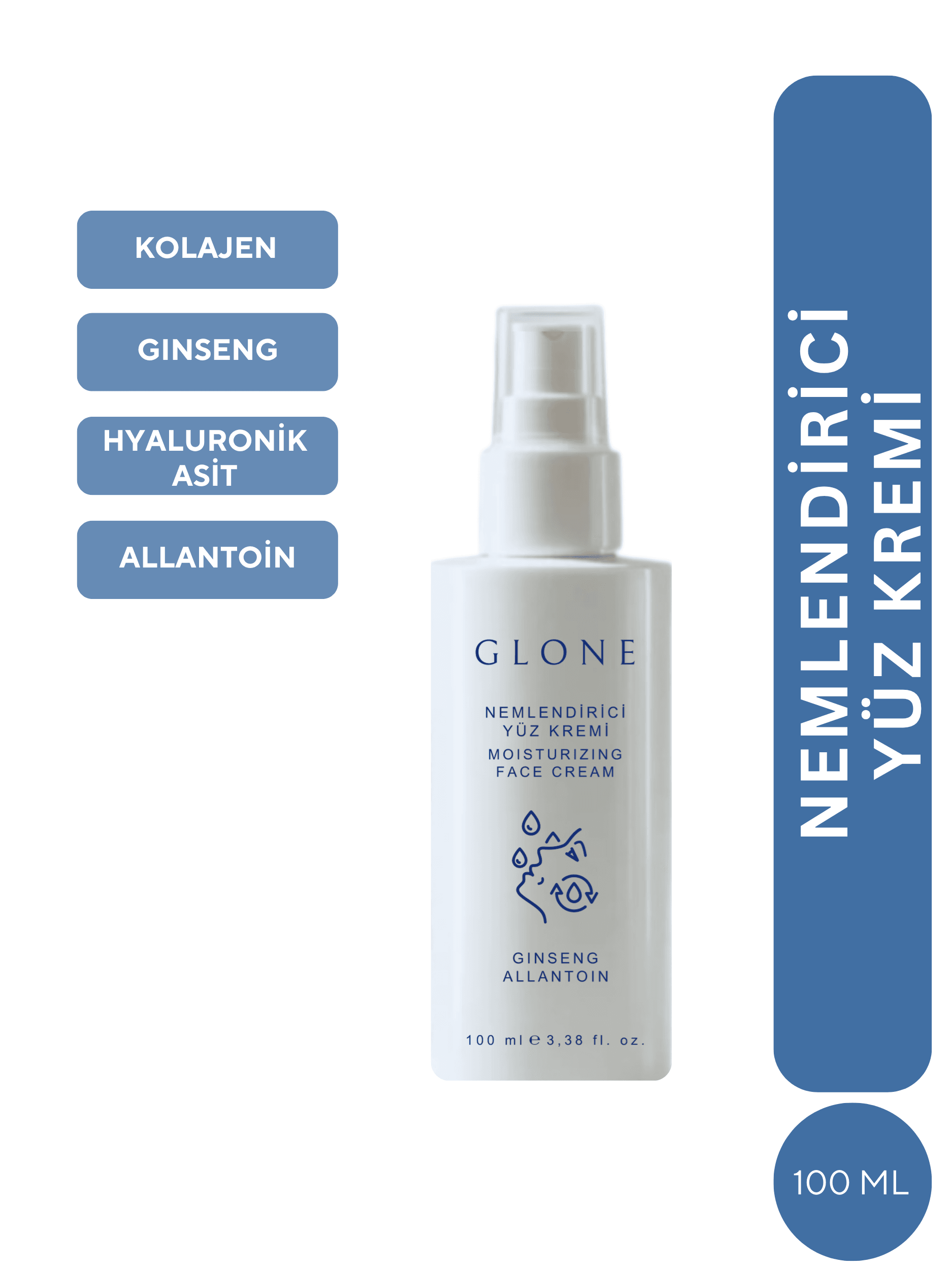 GLONE Nemlendirici Yüz Kremi 100ml | Ginseng, Allantoin & Hyaluronik Asit İçeren Yoğun Nemlendirici | Tüm Cilt Tipleri İçin Onarıcı Bakım
