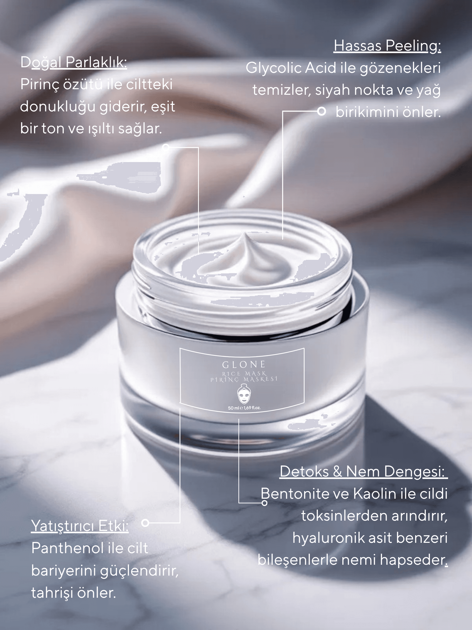 GLONE Pirinç Maskesi 50ml | Glycolic Acid, Panthenol & Oryza Sativa İçeren Arındırıcı ve Aydınlatıcı Maske | Tüm Ciltler İçin Parlaklık ve Detoks