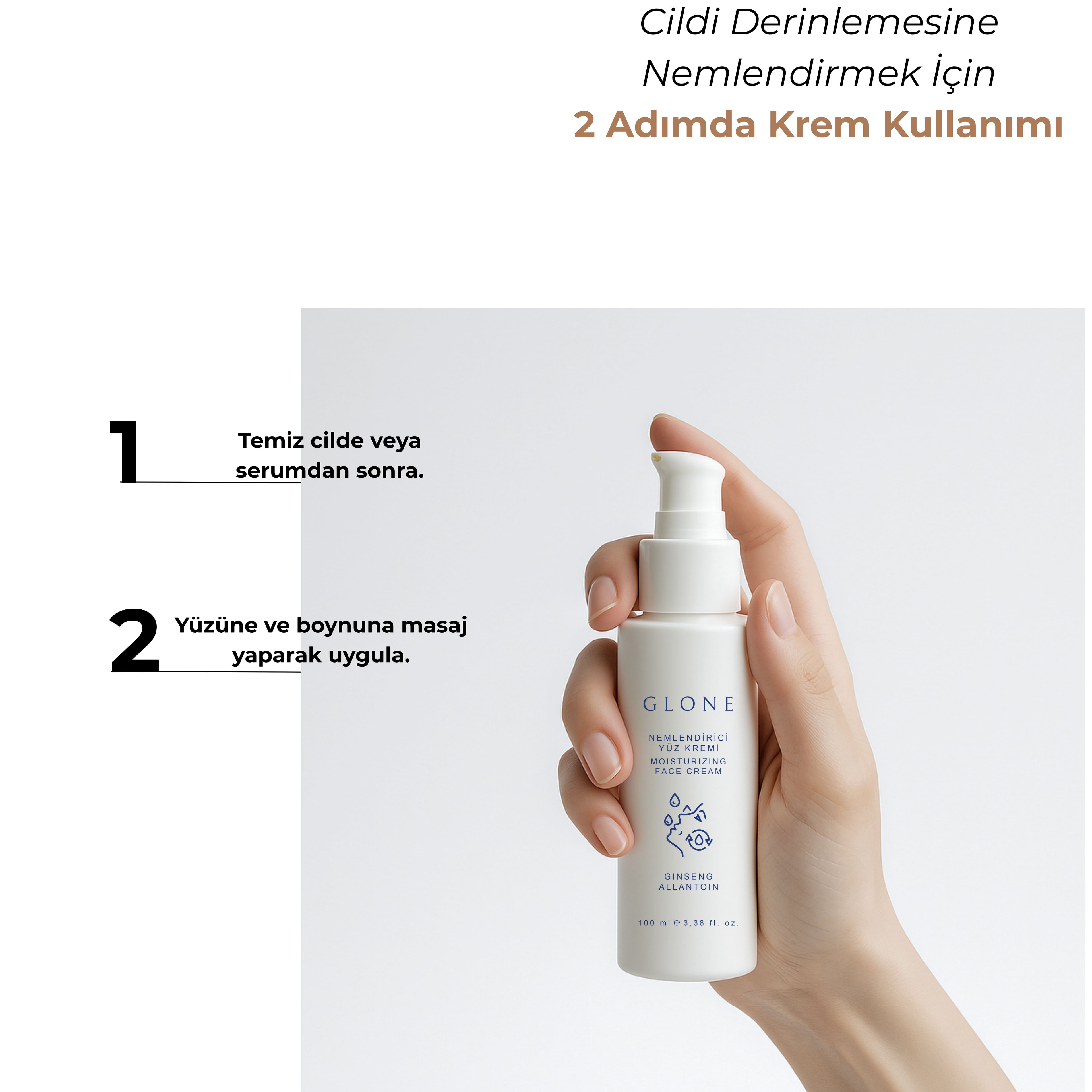 GLONE Nemlendirici Yüz Kremi 100ml | Ginseng, Allantoin & Hyaluronik Asit İçeren Yoğun Nemlendirici | Tüm Cilt Tipleri İçin Onarıcı Bakım