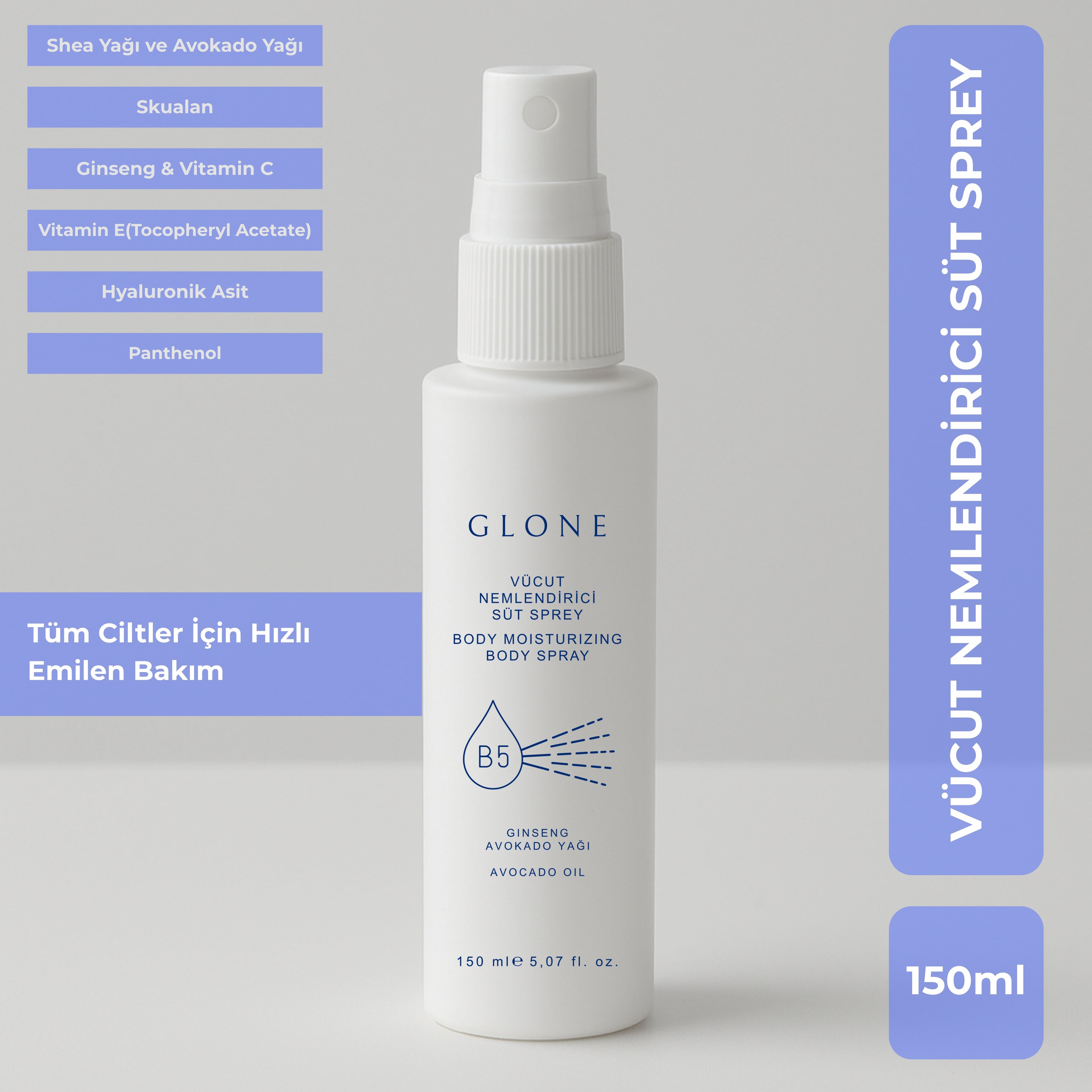 GLONE Vücut Nemlendirici Süt Sprey 150ml | Hyaluronik Asit, Panthenol & Squalane İçeren Yoğun Nemlendirici | Tüm Cilt Tipleri İçin İdeal Bakım