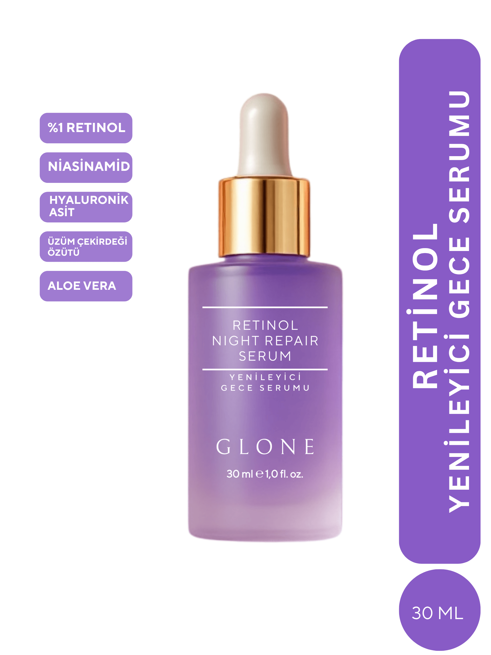 GLONE Retinol Yenileyici Gece Serumu 30ml | Retinol, Niacinamide & Hyaluronik Asit İçeren Anti-Aging Serum | Kırışıklık Karşıtı ve Nem Dengesi