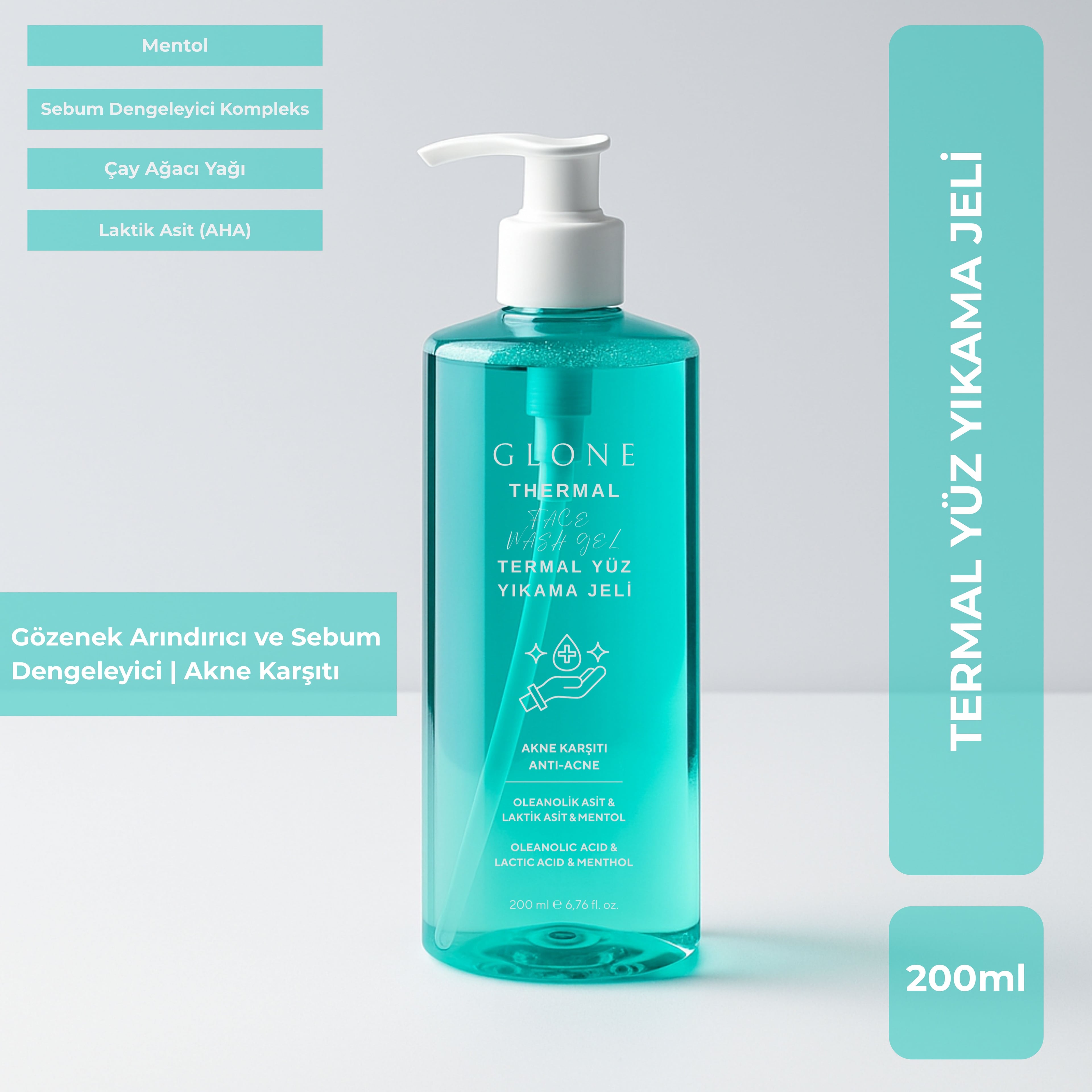 GLONE Termal Yüz Yıkama Jeli 200ml | Laktik Asit, Mentol & Çay Ağacı Yağı İçeren Derinlemesine Arındırıcı Jel | Tüm Cilt Tipleri İçin Ferahlık ve Gözenek Temizliği