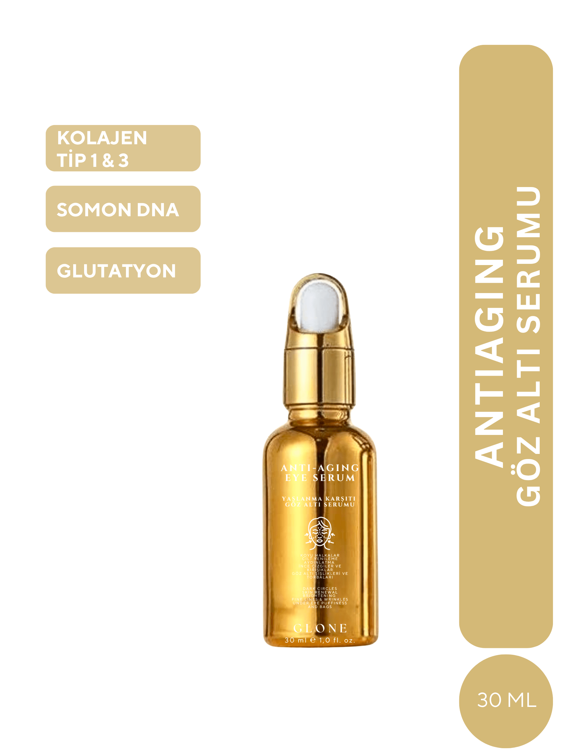 Yoğun Anti Aging Göz Serumu 30ml | Kollajen I+III & Glutatyon & Somon DNA İle Anında Etki 