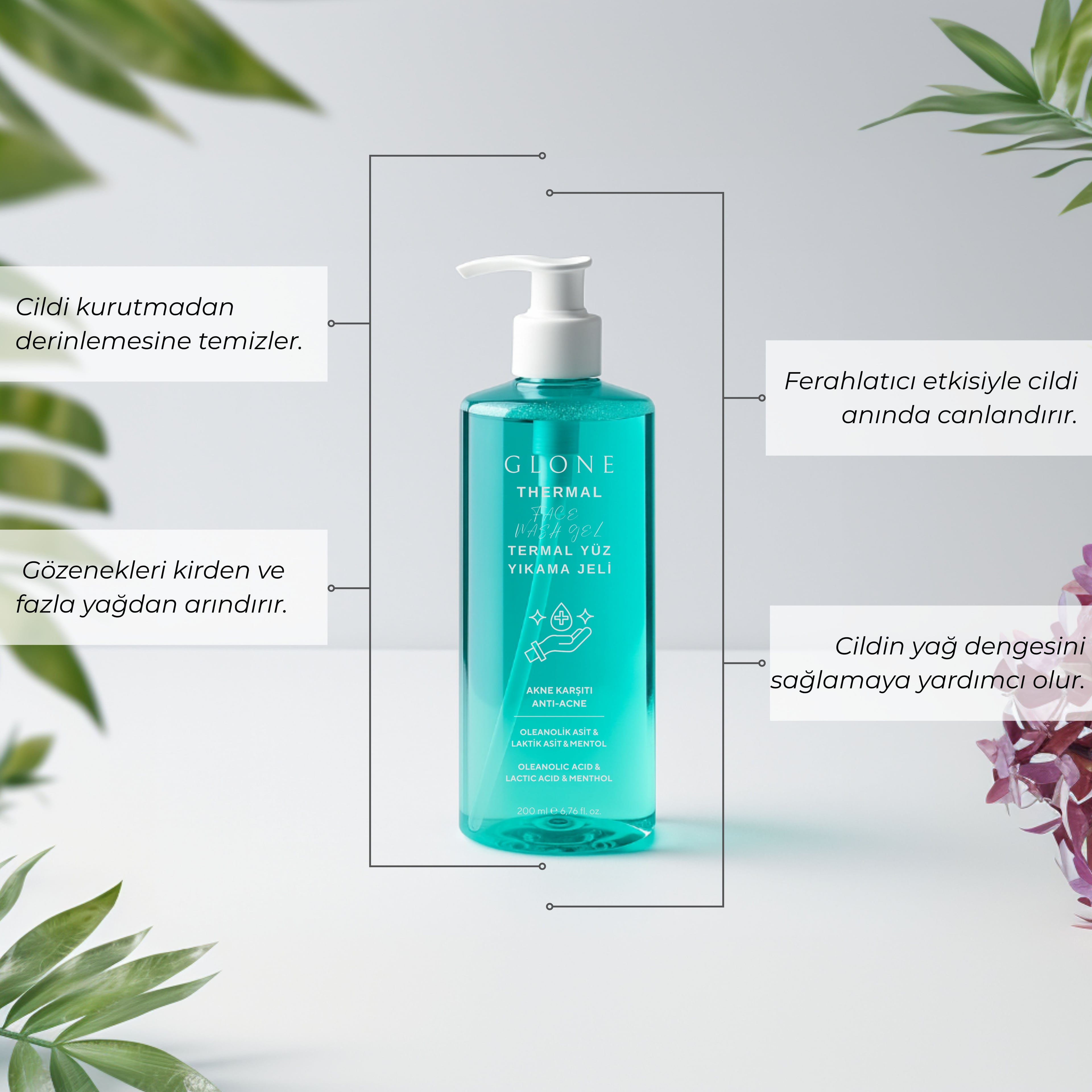 GLONE Termal Yüz Yıkama Jeli 200ml | Laktik Asit, Mentol & Çay Ağacı Yağı İçeren Derinlemesine Arındırıcı Jel | Tüm Cilt Tipleri İçin Ferahlık ve Gözenek Temizliği