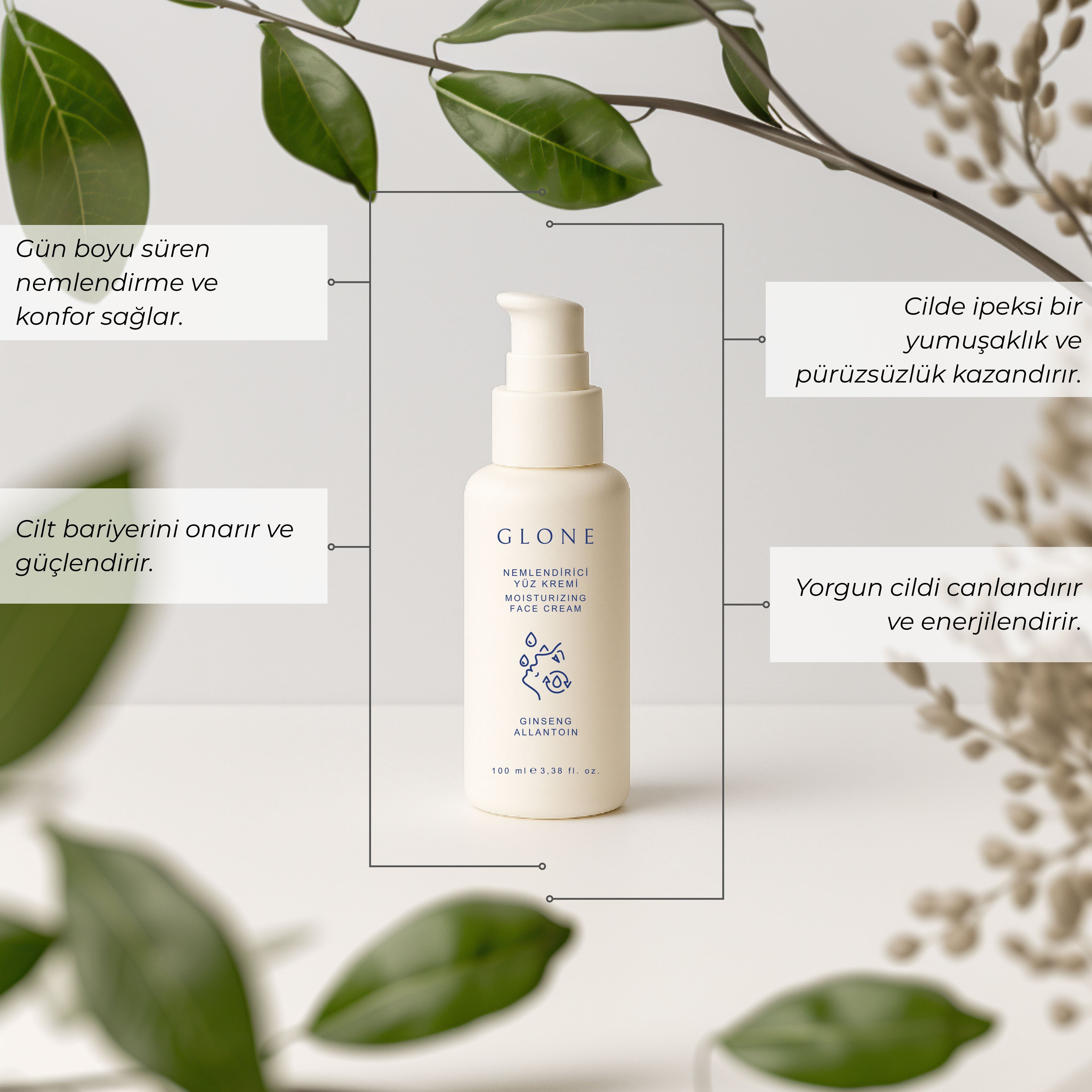 GLONE Nemlendirici Yüz Kremi 100ml | Ginseng, Allantoin & Hyaluronik Asit İçeren Yoğun Nemlendirici | Tüm Cilt Tipleri İçin Onarıcı Bakım