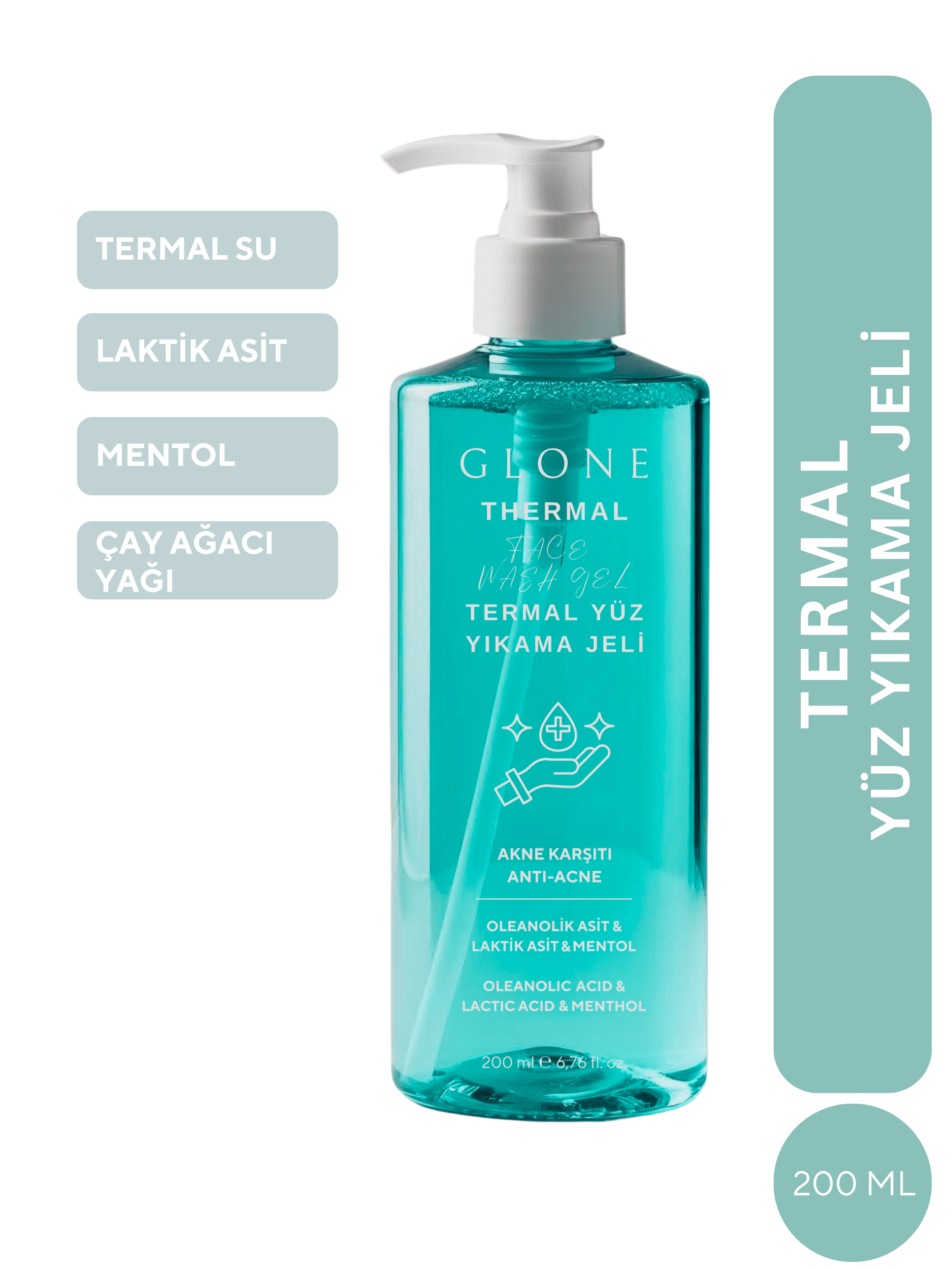 GLONE Termal Yüz Yıkama Jeli 200ml | Laktik Asit, Mentol & Çay Ağacı Yağı İçeren Derinlemesine Arındırıcı Jel | Tüm Cilt Tipleri İçin Ferahlık ve Gözenek Temizliği